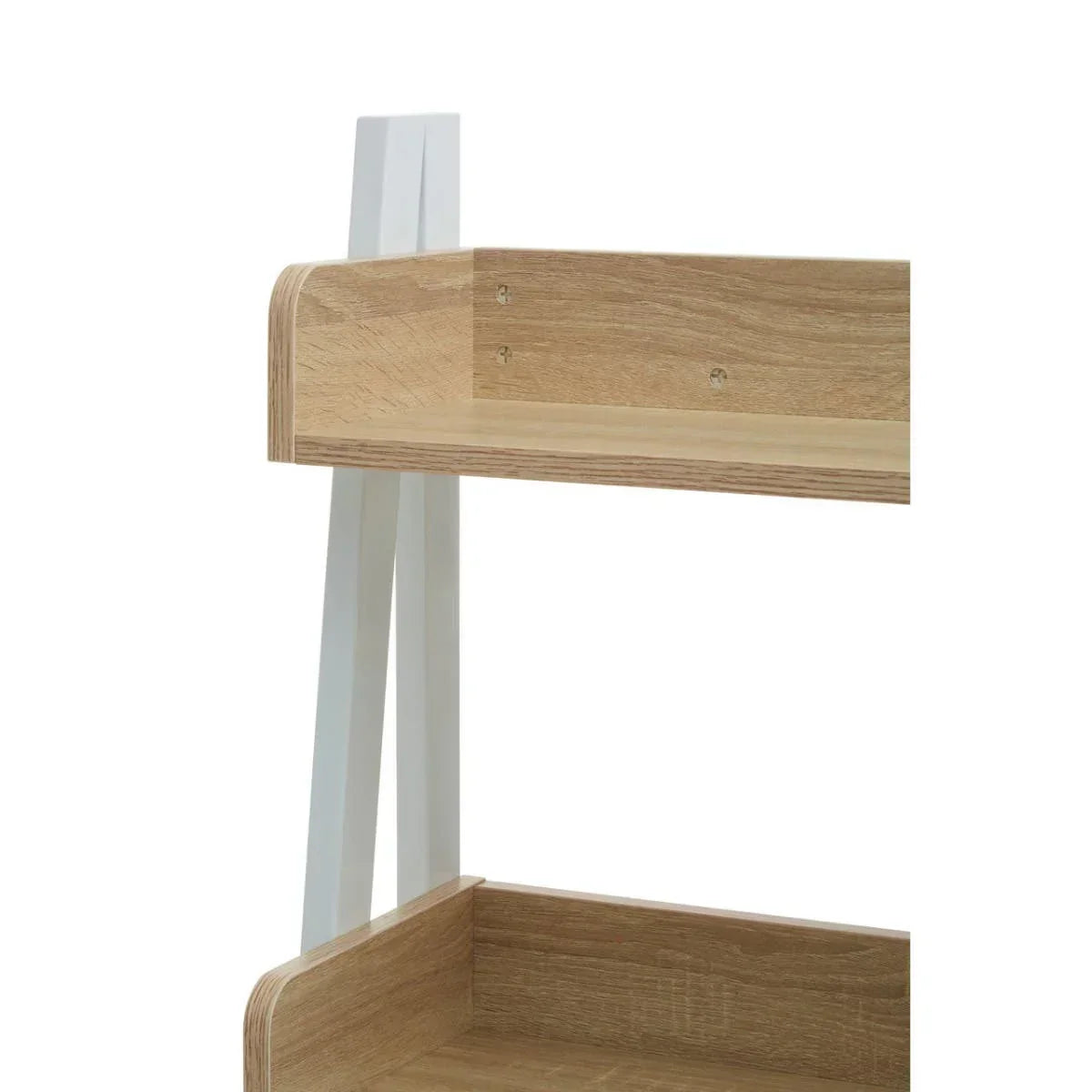 Close view of wooden shelving unit with white angled frame and light oak finish shelves