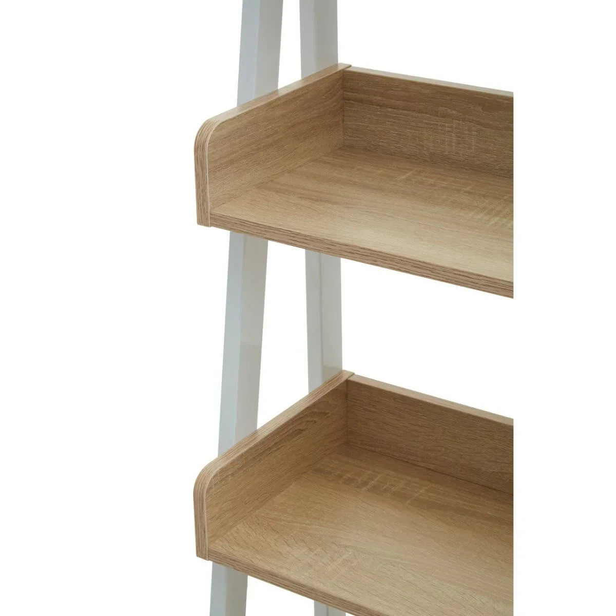 Closeup of oak effect ladder shelves with white metal frame