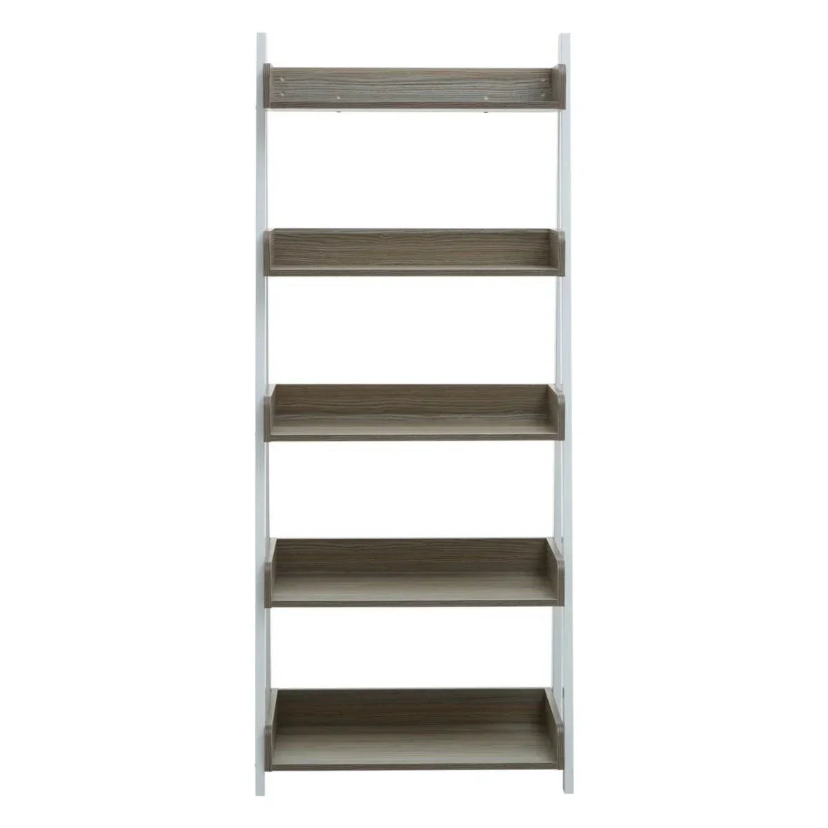 Tall wooden bookcase with five open shelves and white frame, front view
