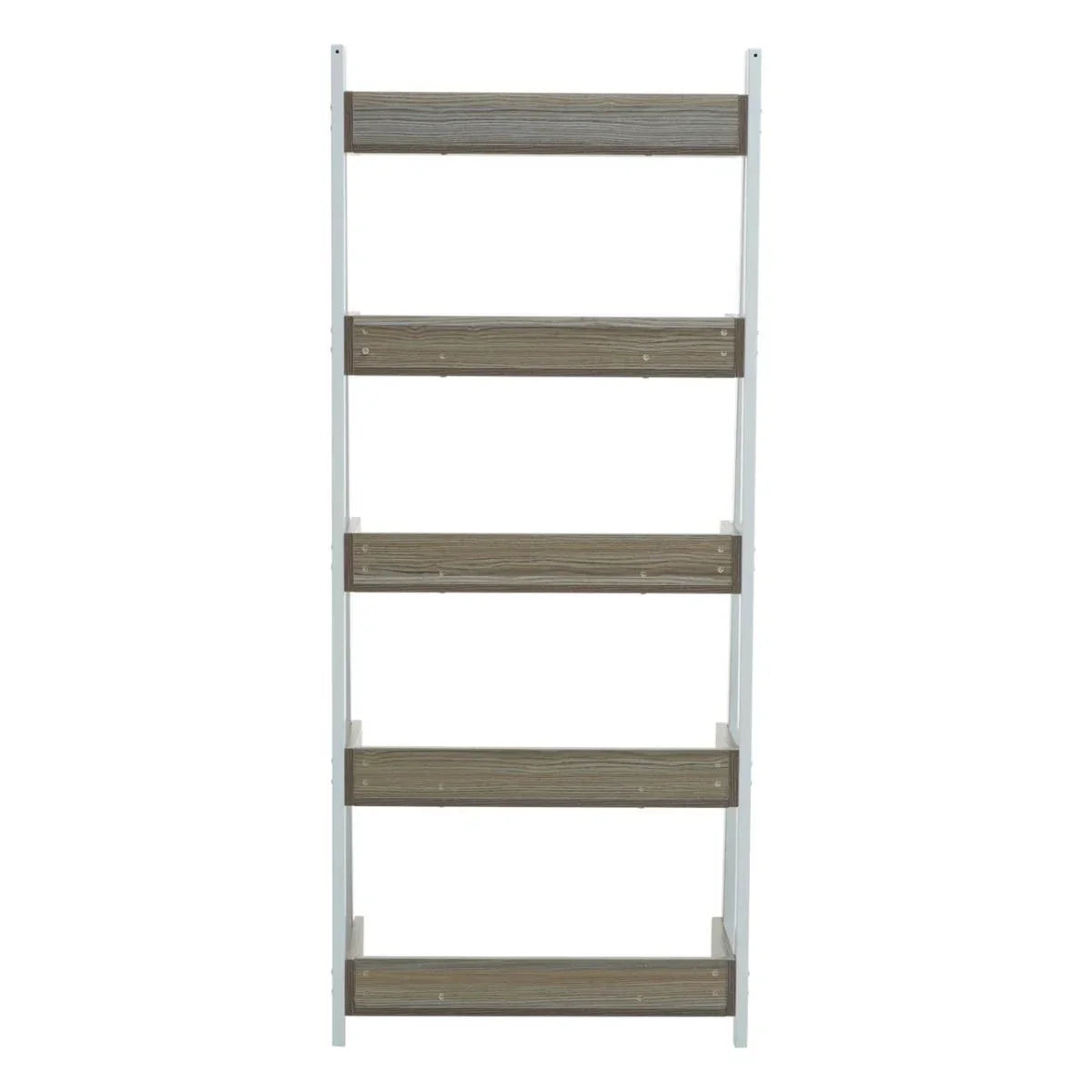 Five tier wooden shelving unit with white frame, front view