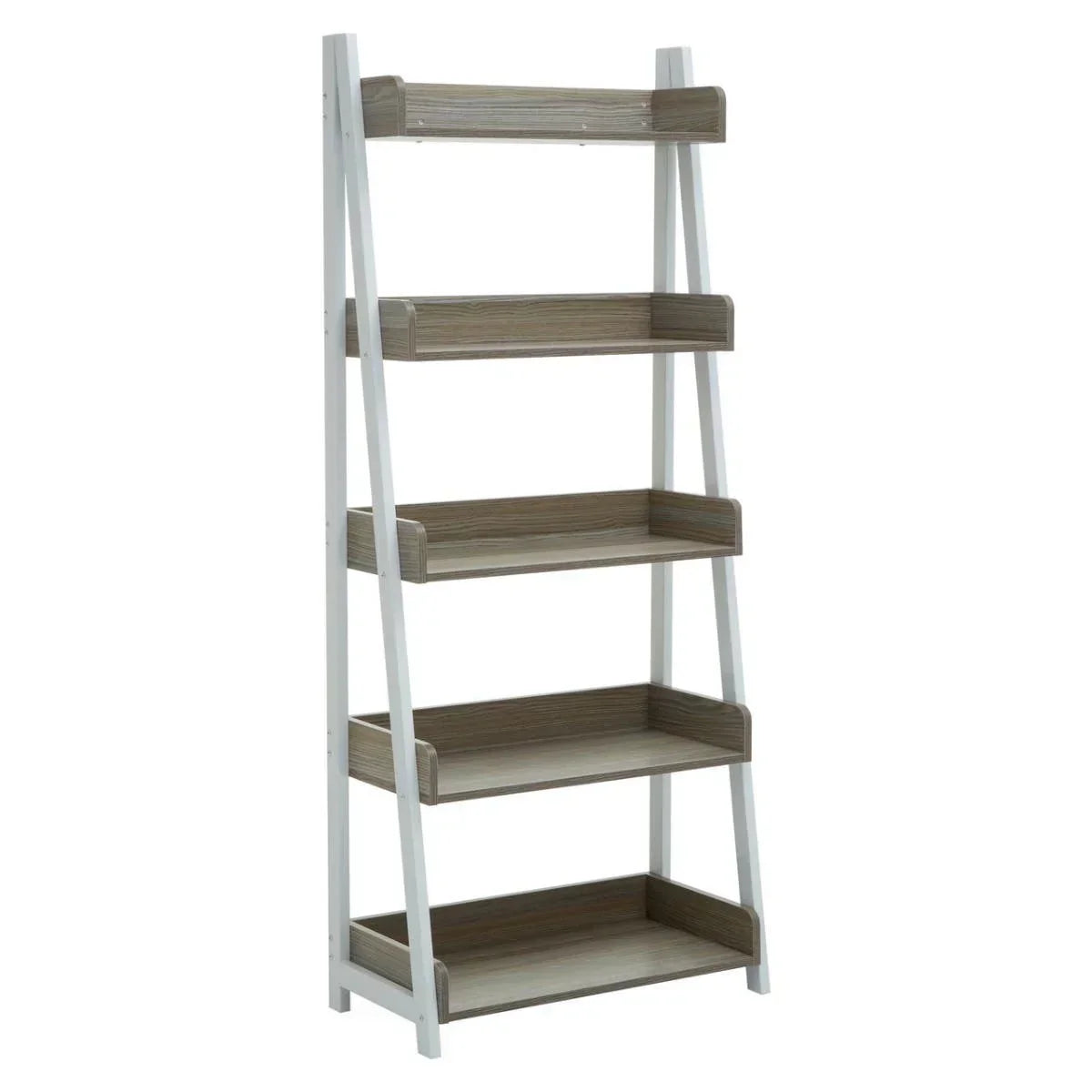 Wood and white ladder bookcase with five shelves, angled frame, modern storage furniture