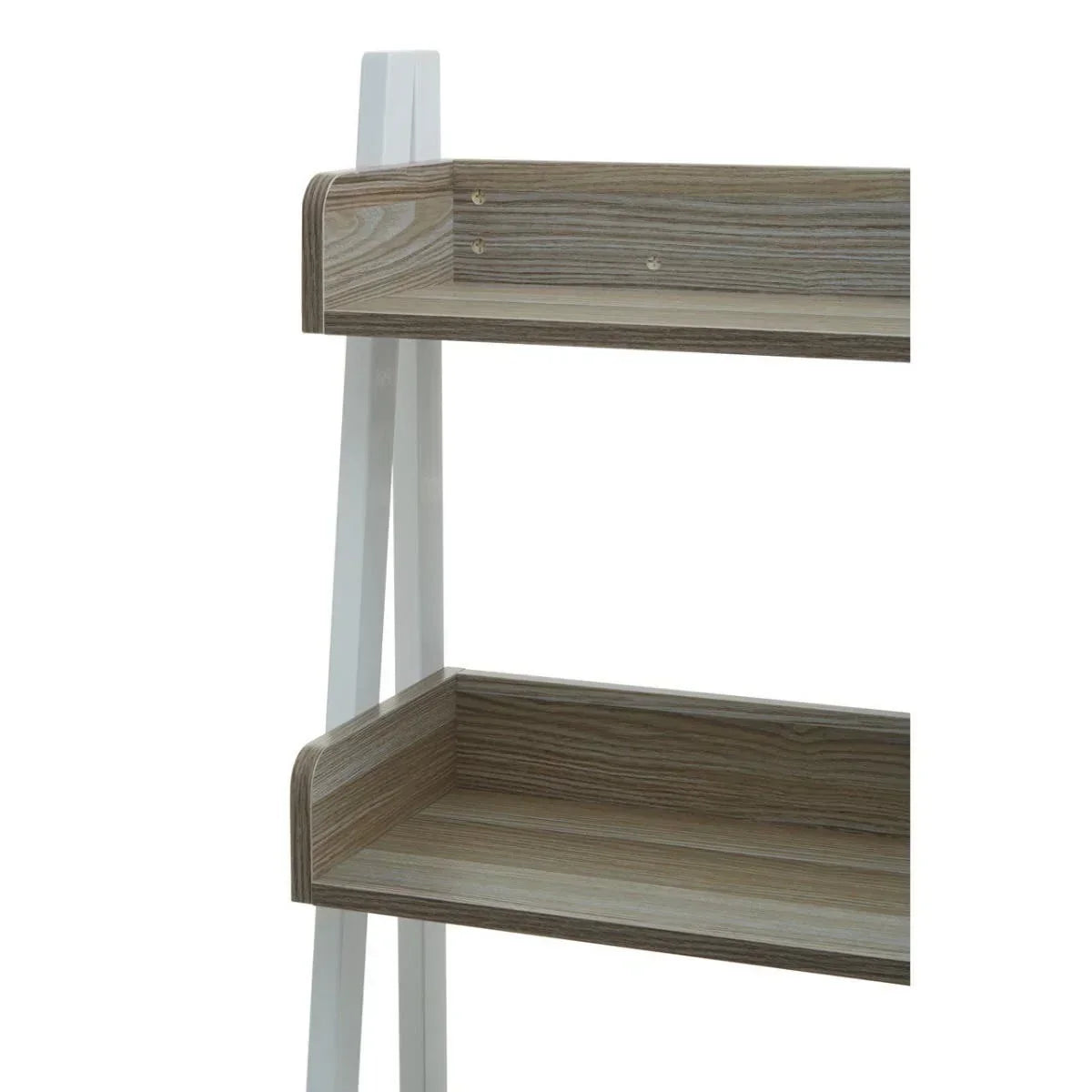 Wood effect ladder shelf with white frame and two deep display shelves