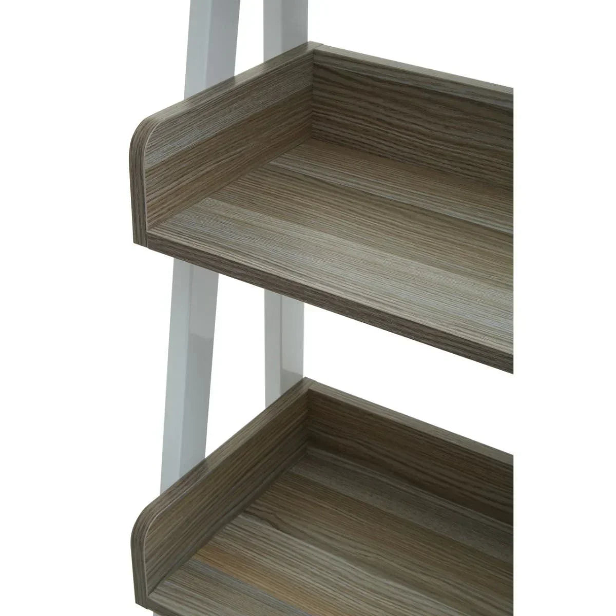 Closeup of two-tier wooden shelf with white frame and wood grain finish