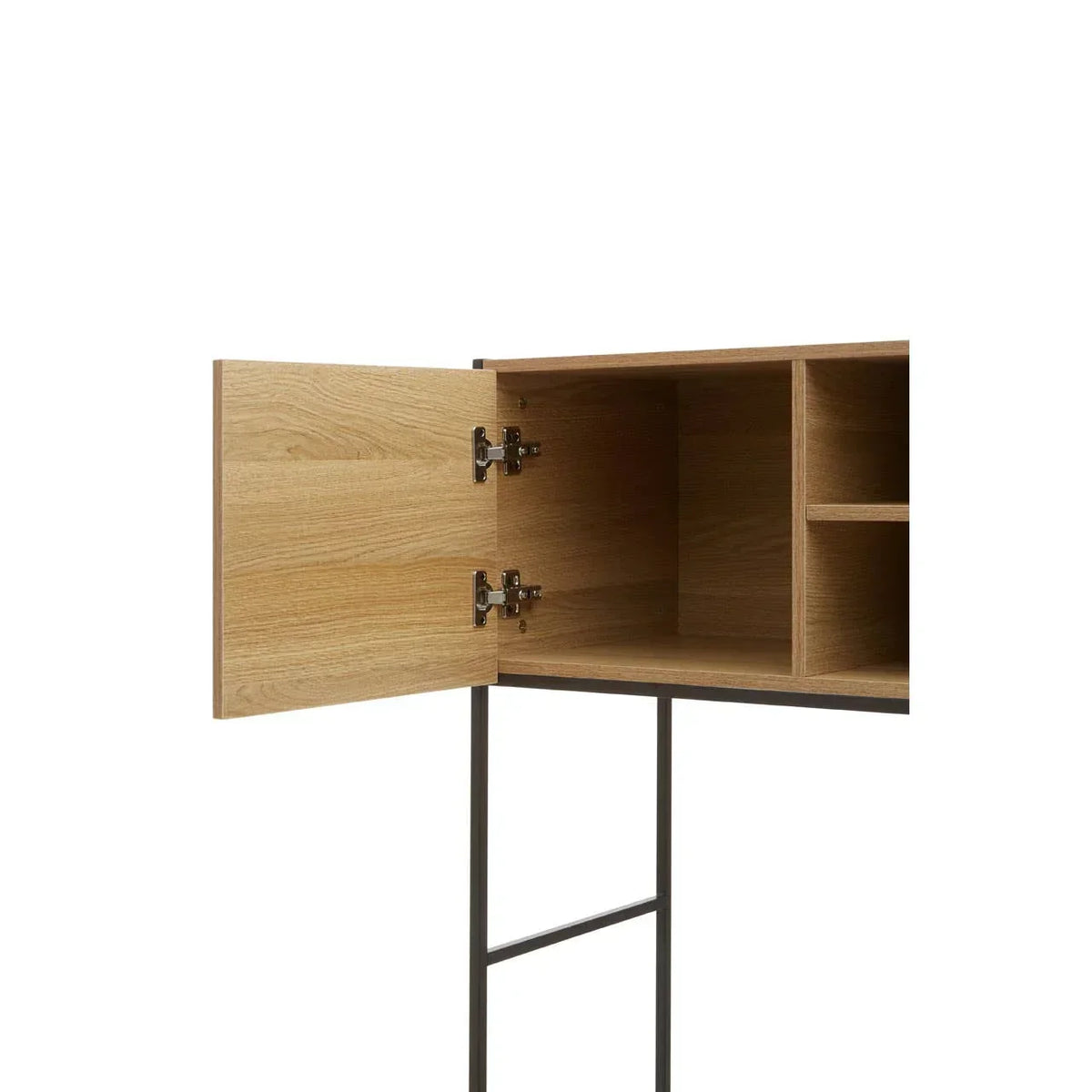 Oak wood sideboard cabinet with open door and metal legs, showing storage compartments