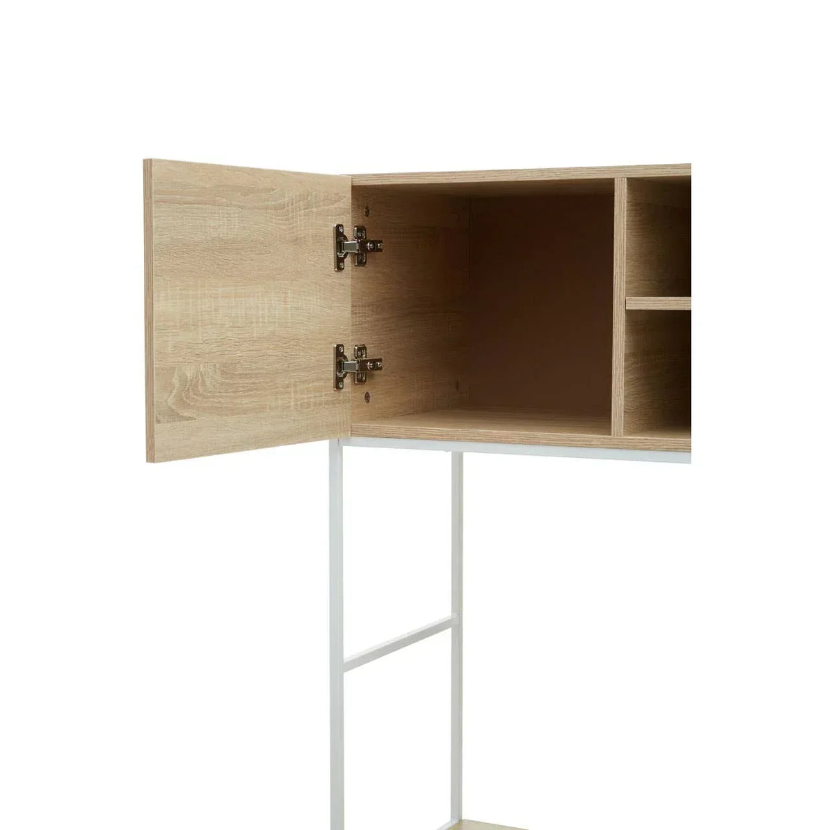 Oak effect storage cabinet with open door, internal shelving, and white metal frame