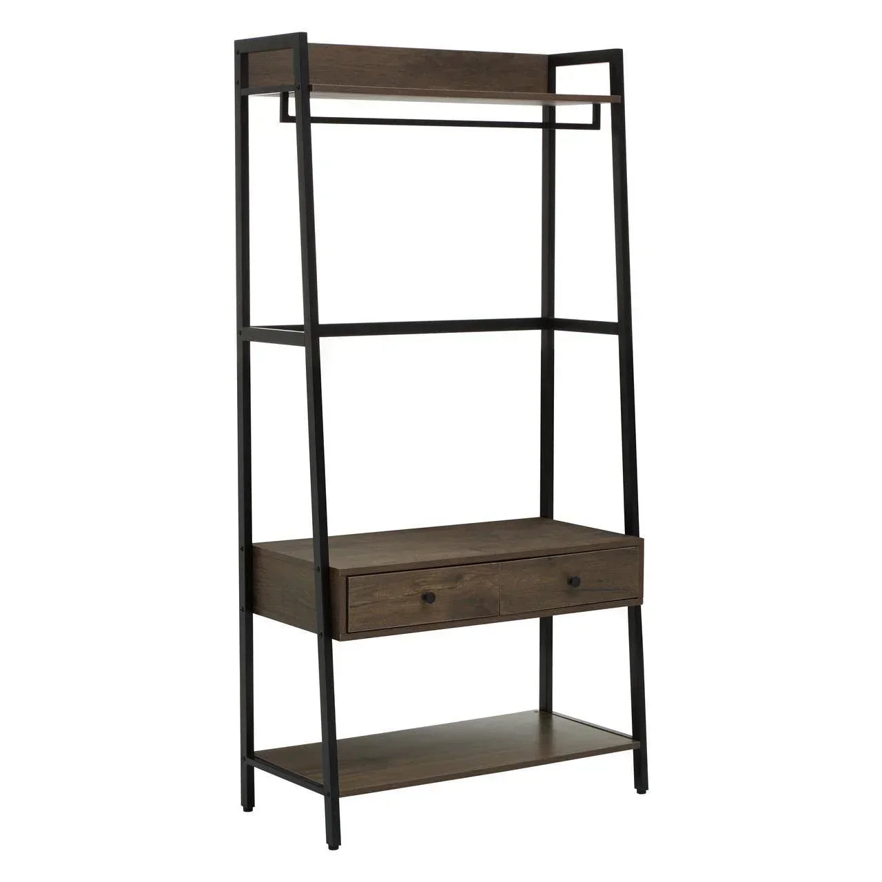 Industrial style clothes rail with dark wood shelves and two storage drawers