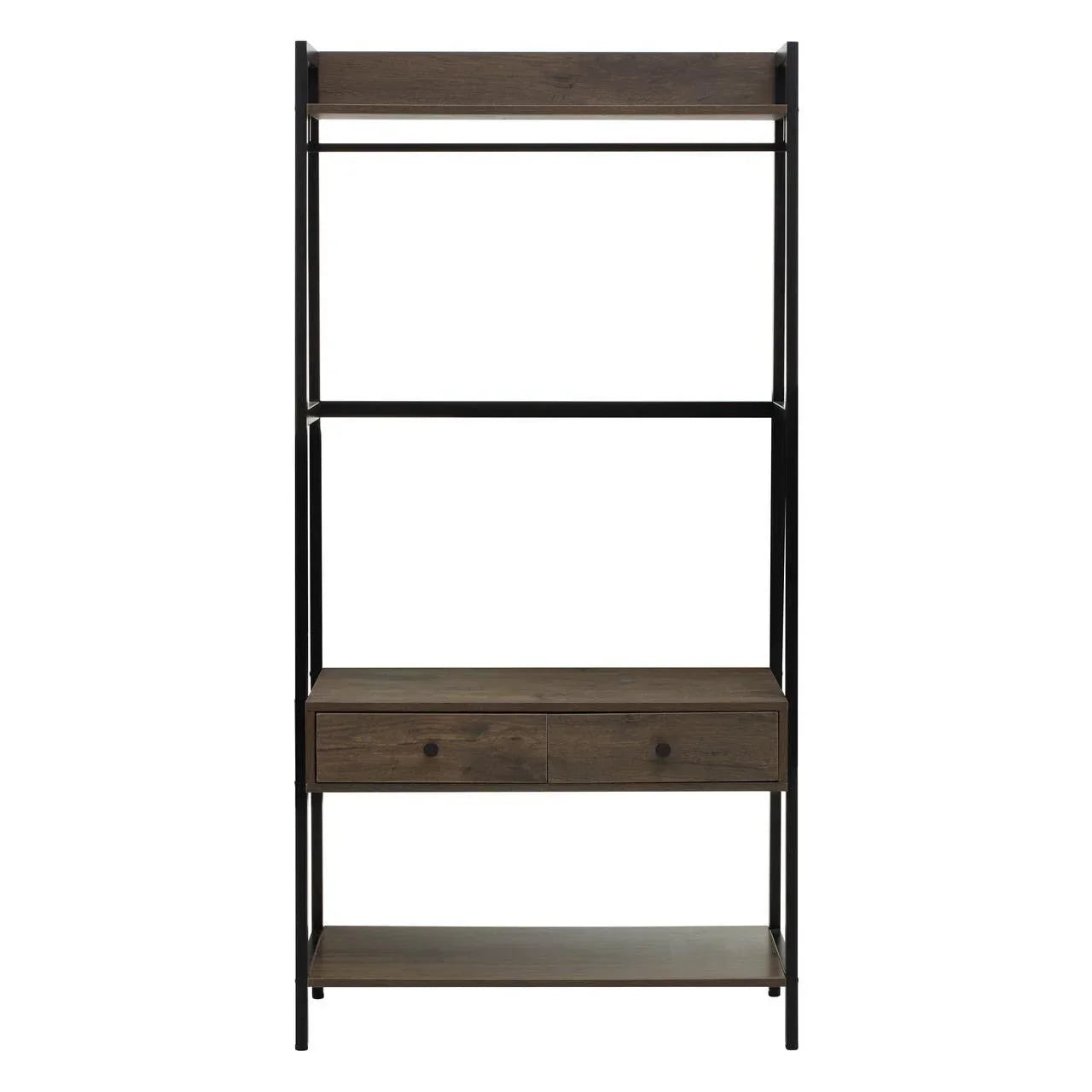 Industrial style storage shelving unit with drawers, black frame and wood shelves, front view