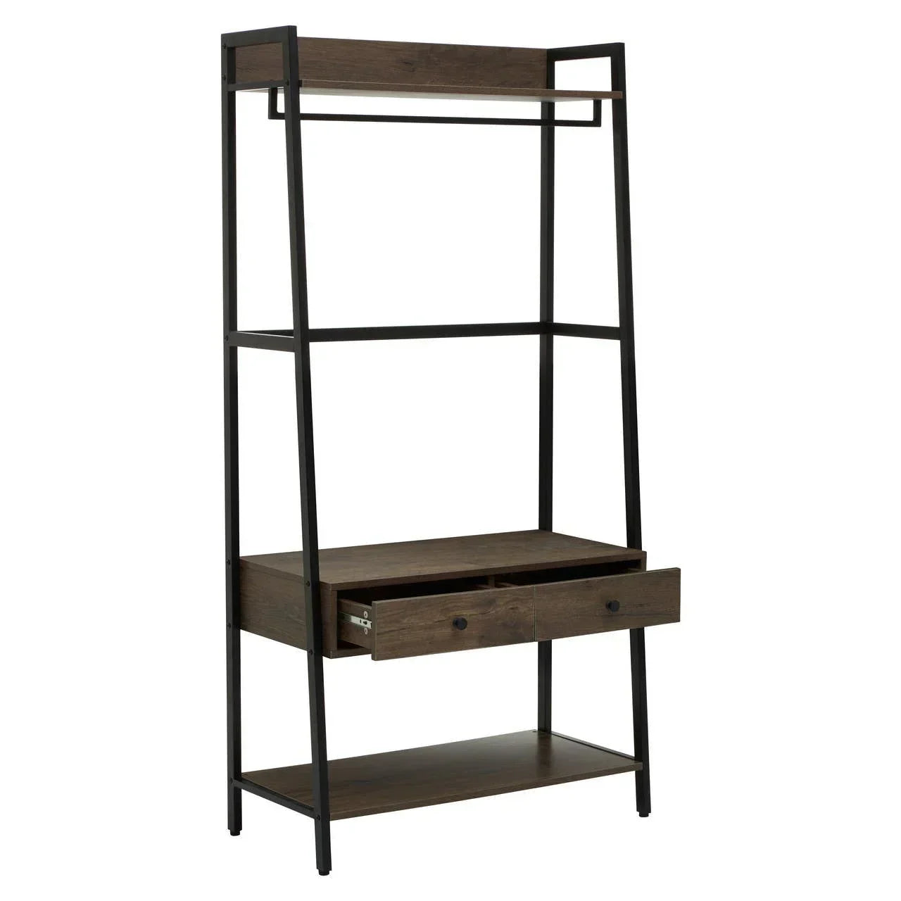 Industrial style clothes rack with open shelf, hanging rail, and wooden drawer