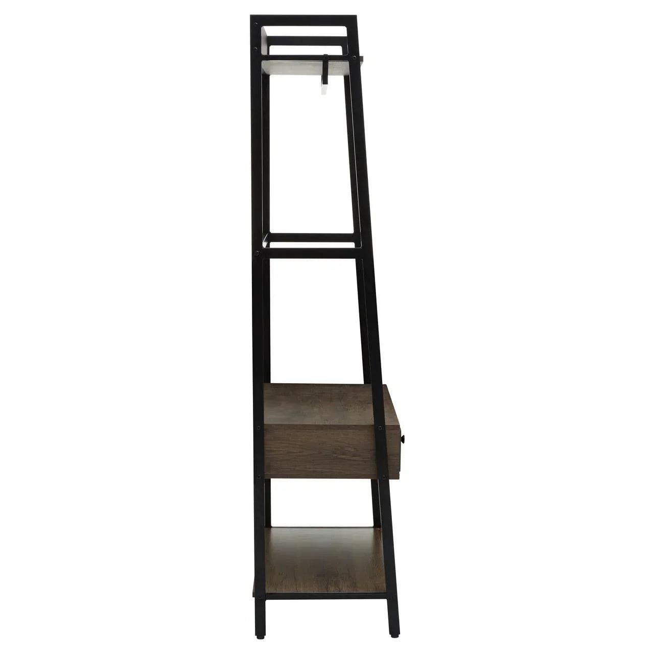 Slim hallway storage unit with black frame, wood drawer, and shelf, side view