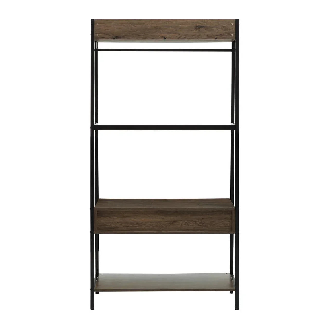Tall shelving unit with black metal frame and three wood shelves, including a central drawer