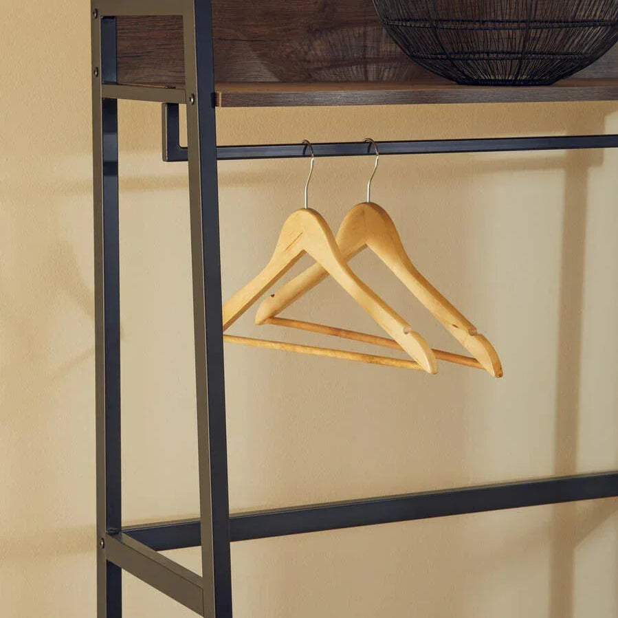 Metal clothes rail with wooden shelf, black wire basket, and wooden hangers
