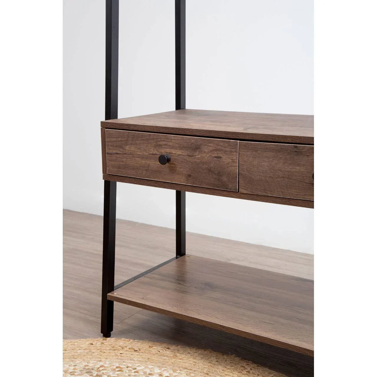 Industrial style wooden console table with drawer, black metal frame and lower storage shelf