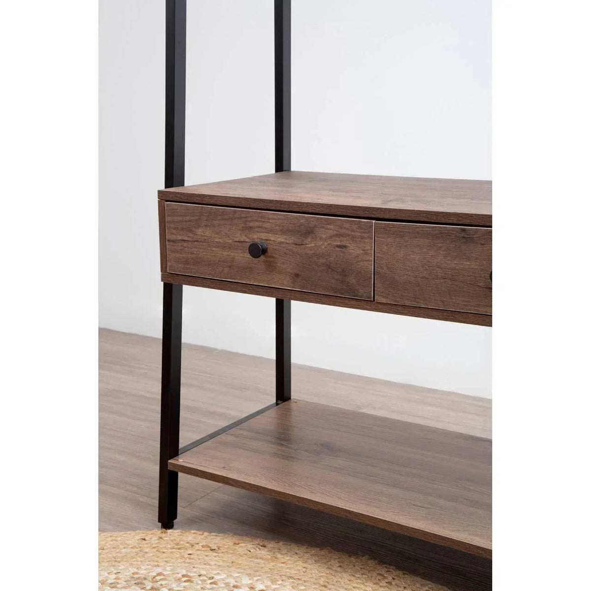 Industrial style wooden console table with drawer, black metal frame and lower storage shelf
