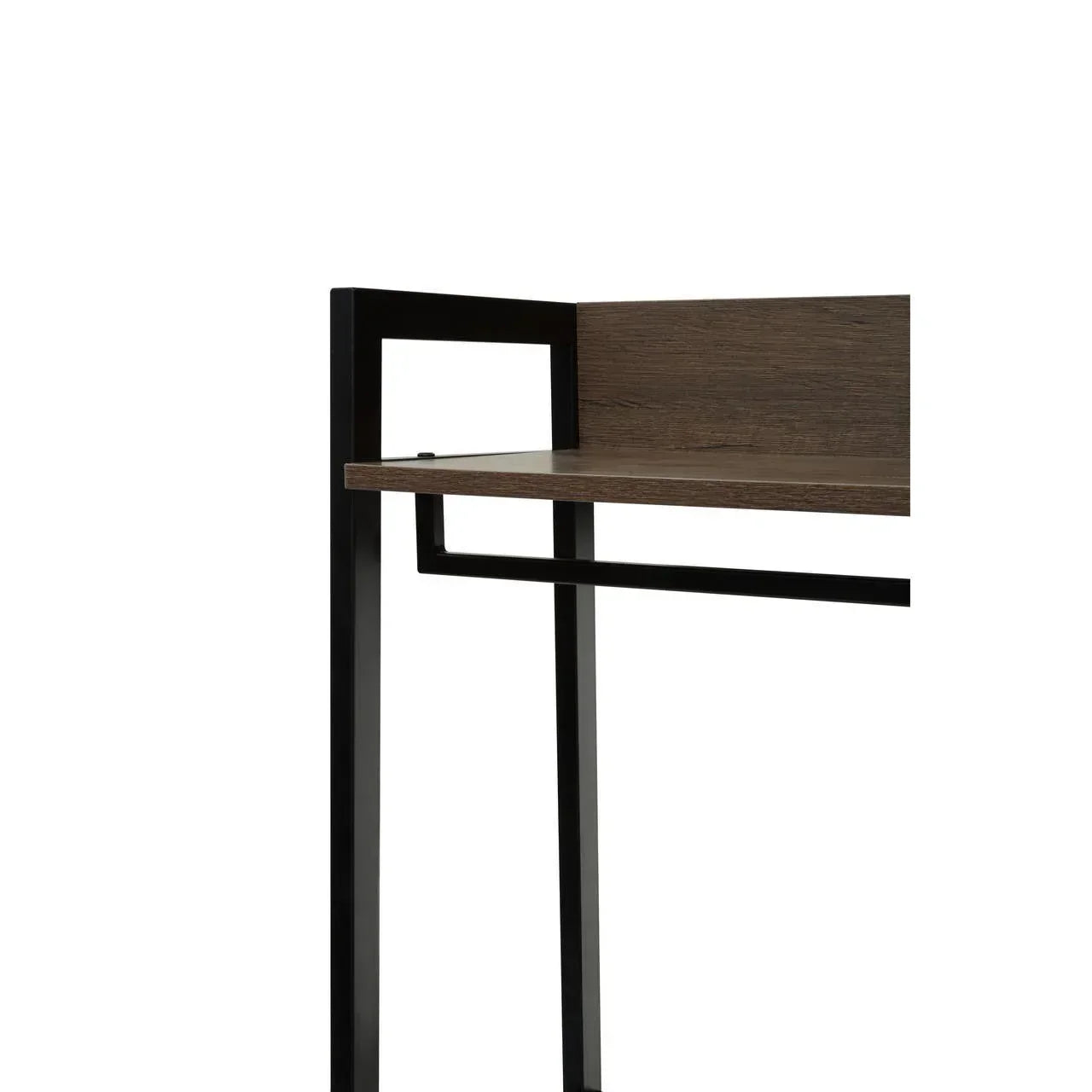 Brown wood and black metal desk corner with raised back panel and modern frame