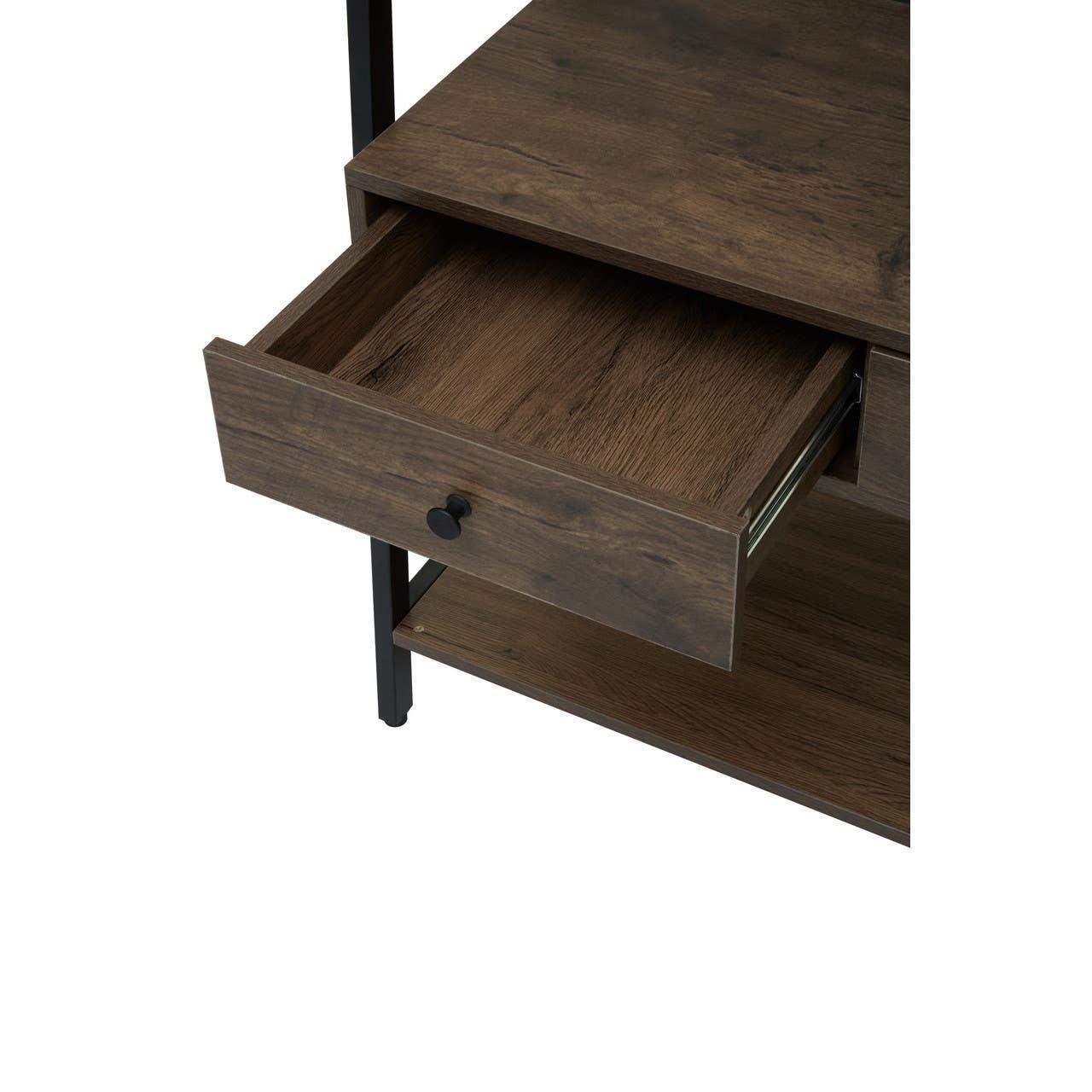 Wooden console table with open drawer, black knob and lower shelf on metal frame