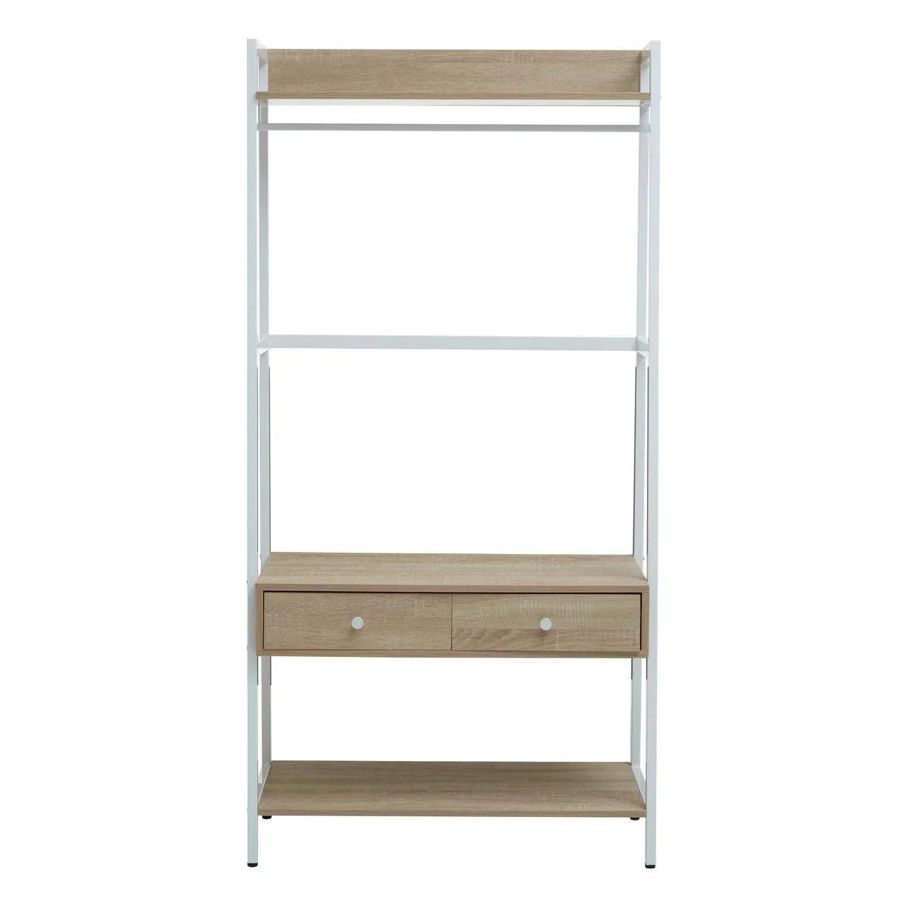 Wood and white metal shelving unit with two drawers and open storage shelves