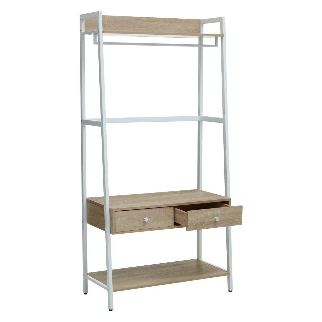 Wood and metal clothes rail with two open drawers and shelf, minimalist wardrobe storage