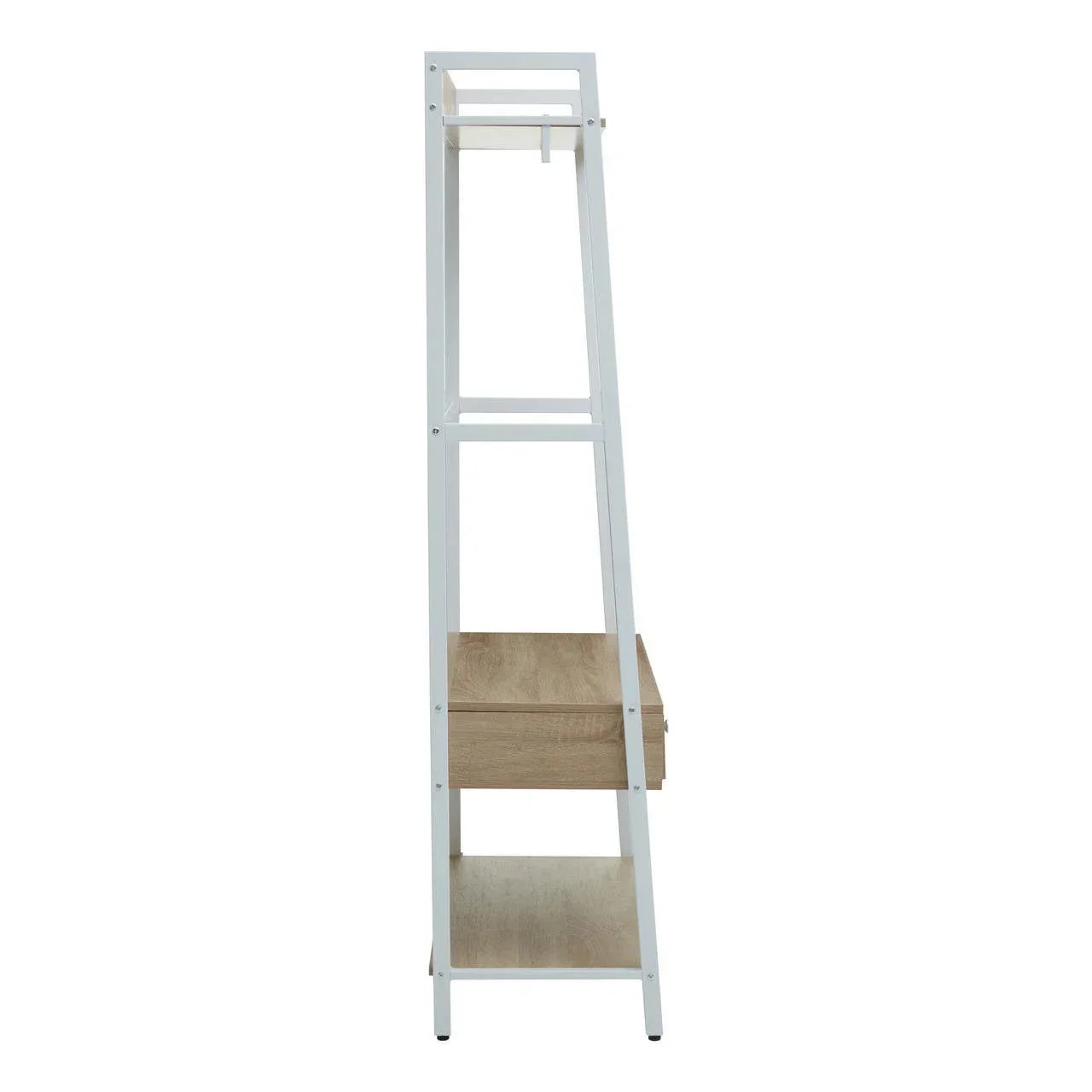 White metal and oak effect shelving unit side view with drawer and open shelves