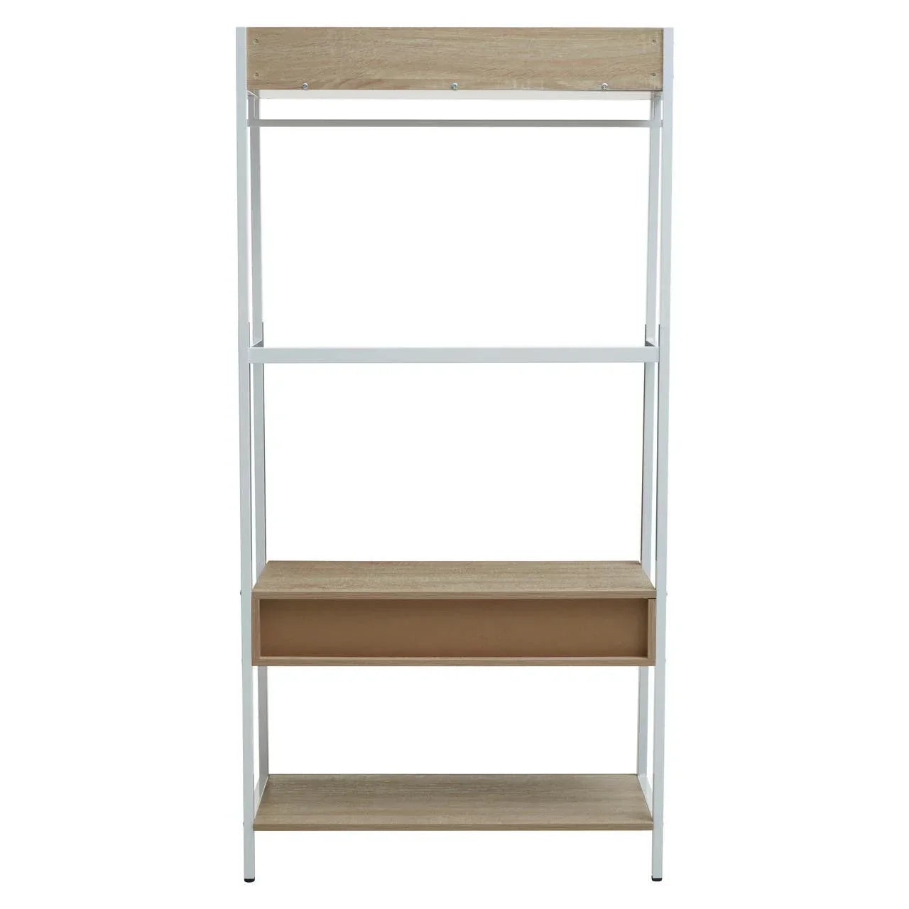 Wood and metal shelving unit with open shelves and drawer, natural oak and white finish