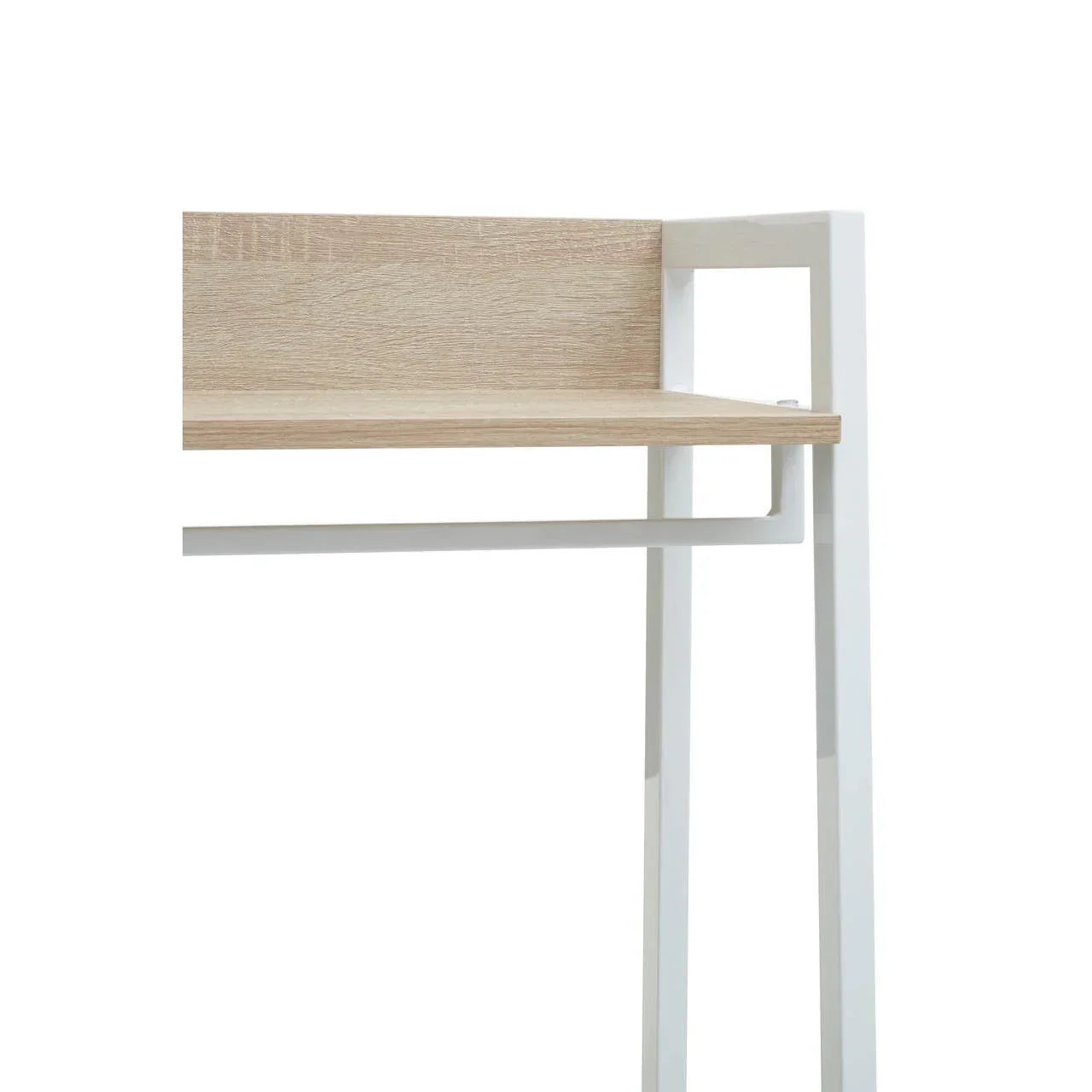 Oak effect desk corner with white metal frame and back panel