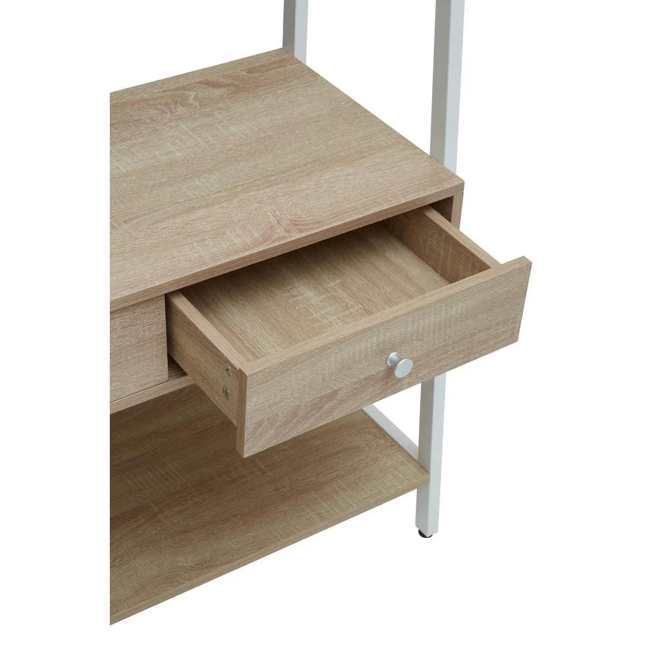 Oak effect wood side table with open drawer and lower shelf, white metal frame