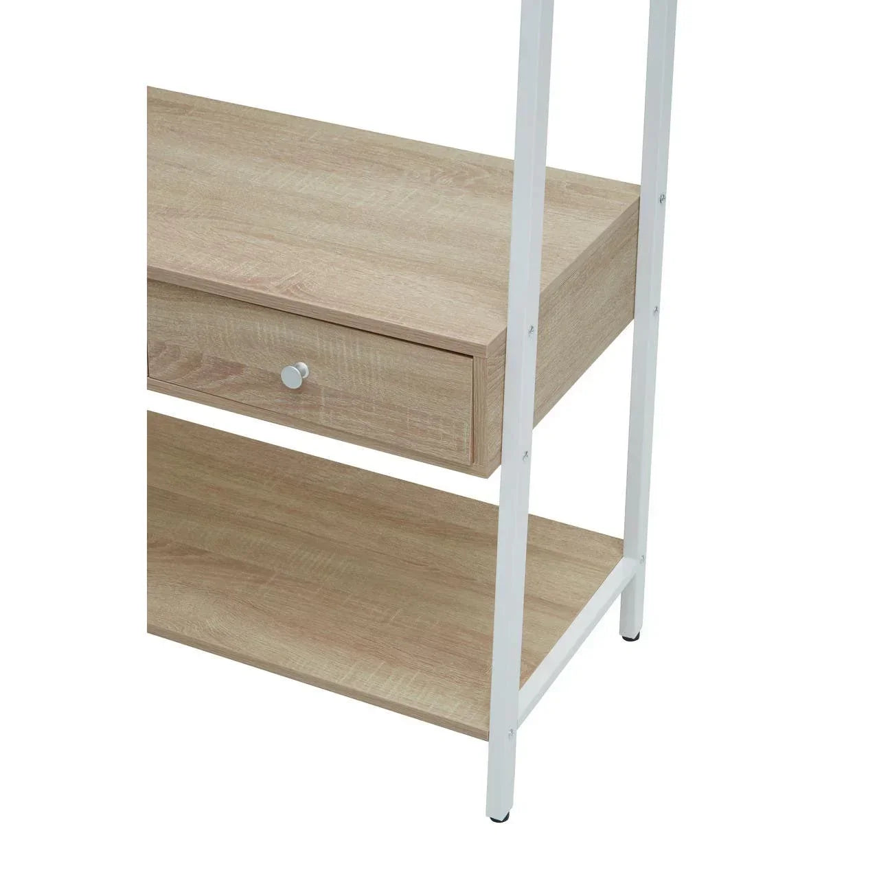 Light wood effect shelf unit with drawer and white metal frame, close-up view