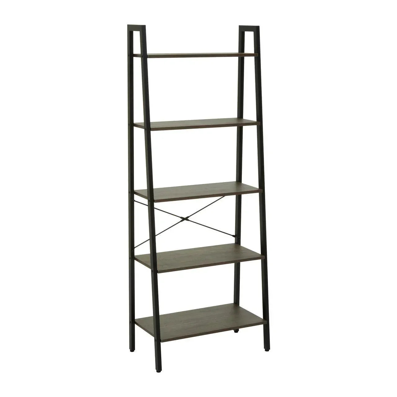 Ladder style shelving unit with black metal frame and five wood shelves, angled side view