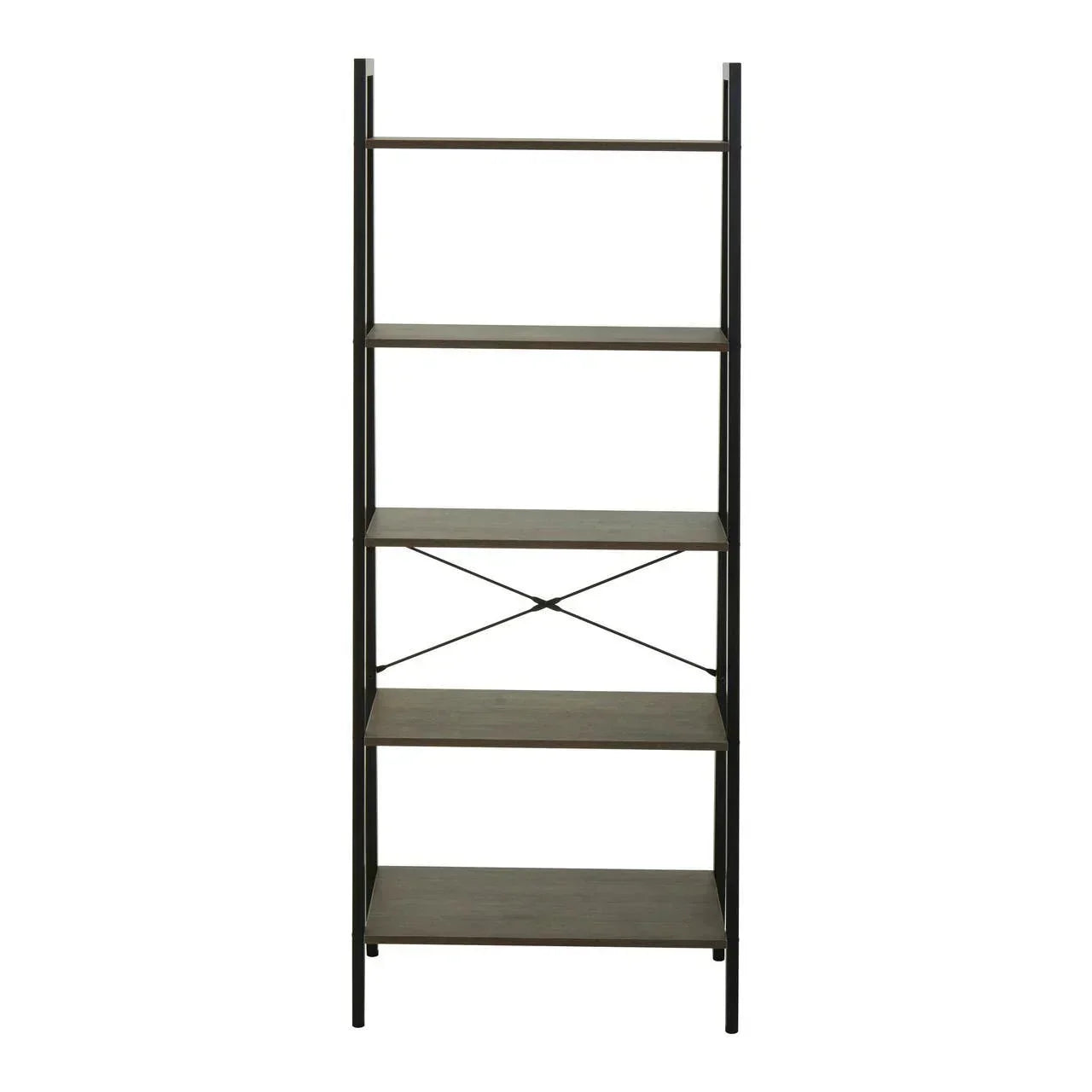 Tall shelving unit with metal frame and five wooden shelves, front view