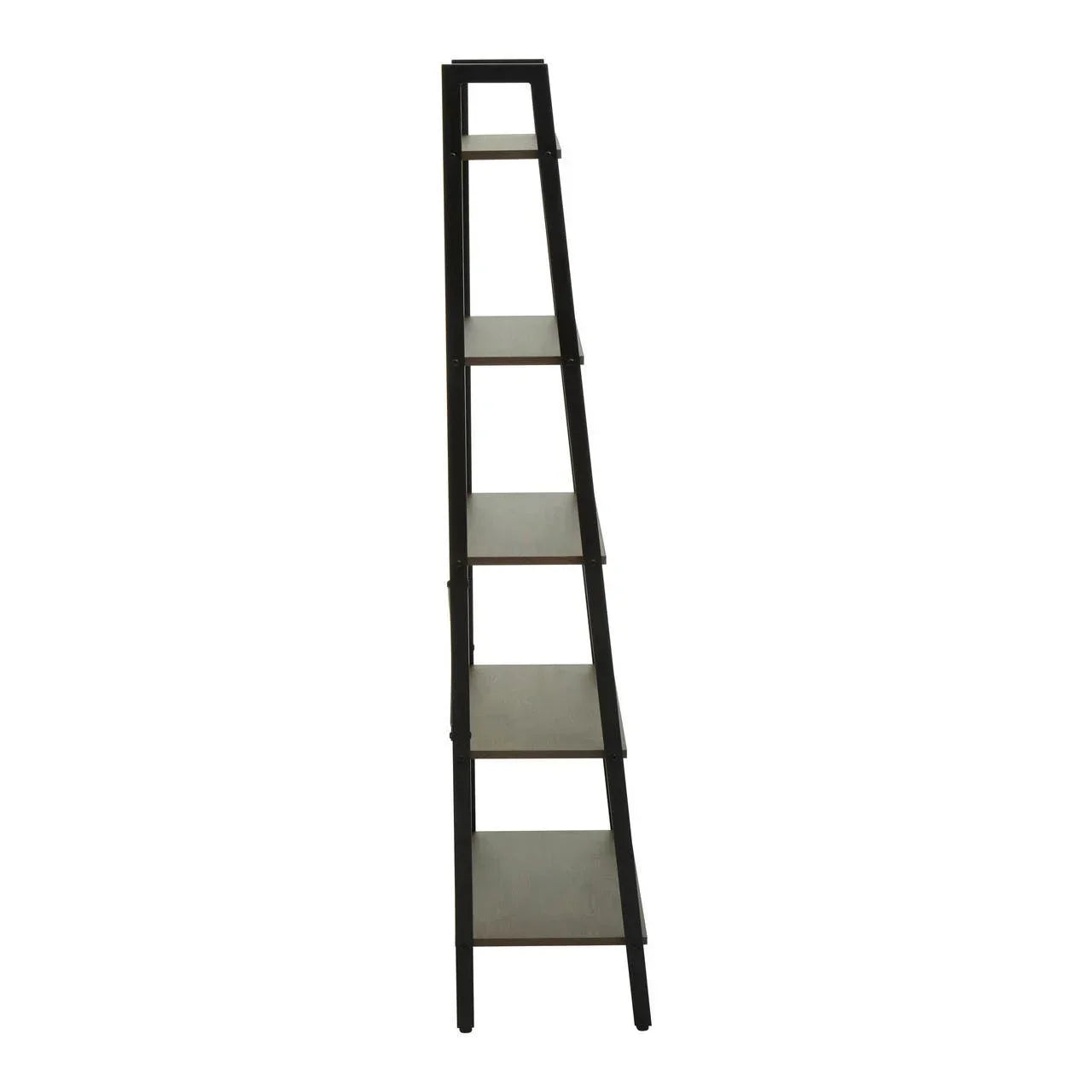 Narrow black metal ladder shelf with five wood shelves shown from the side