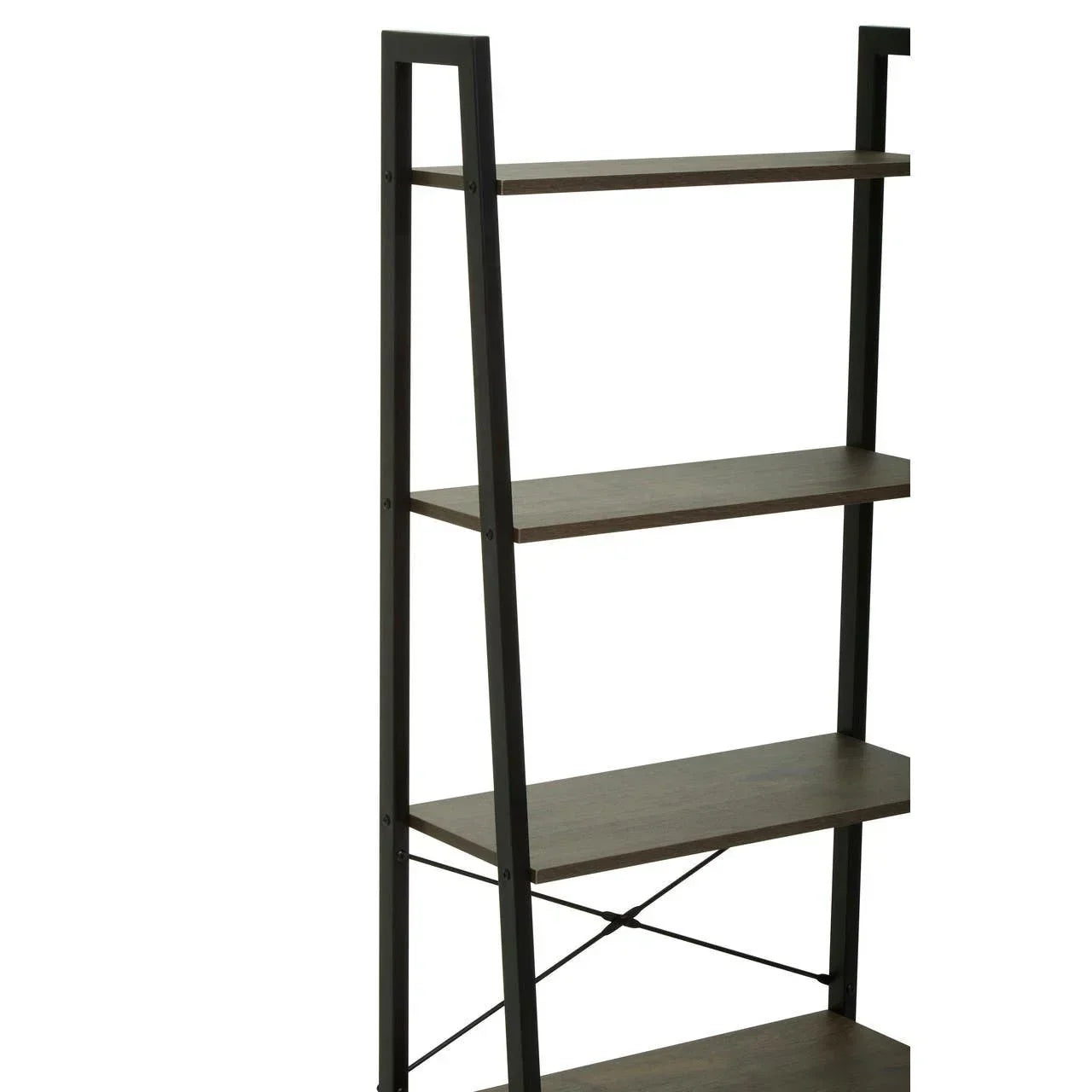 Industrial style shelving unit with black metal frame and dark wood shelves, angled side view