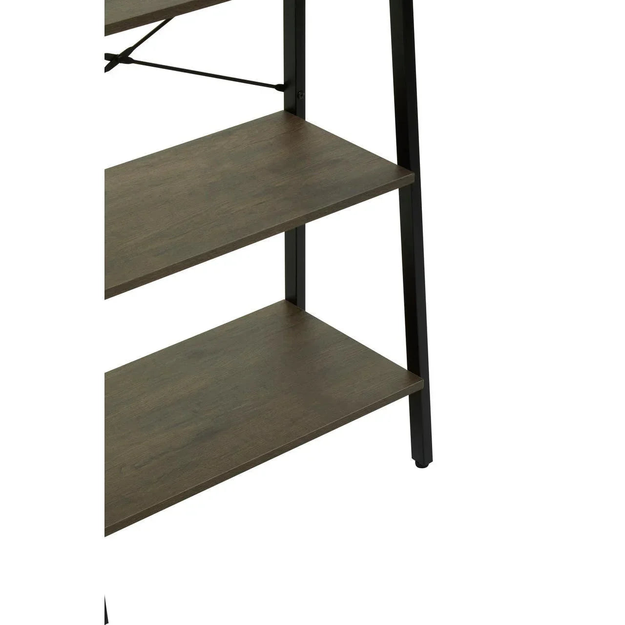 Closeup of wooden shelving unit with black metal frame and three shelves