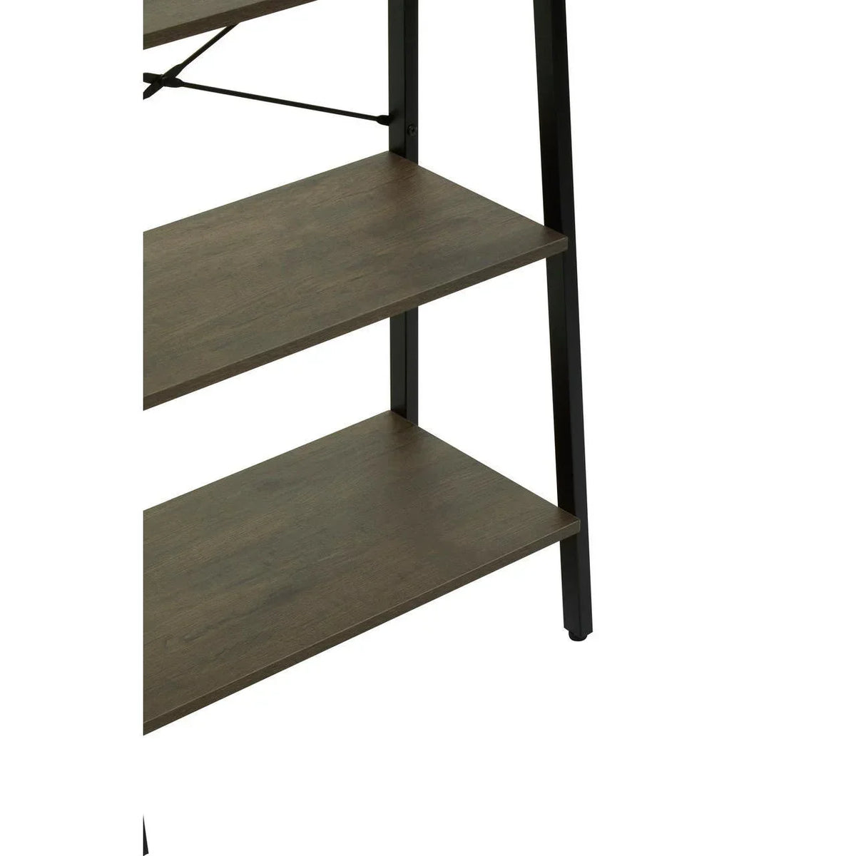Closeup of wooden shelving unit with black metal frame and three shelves