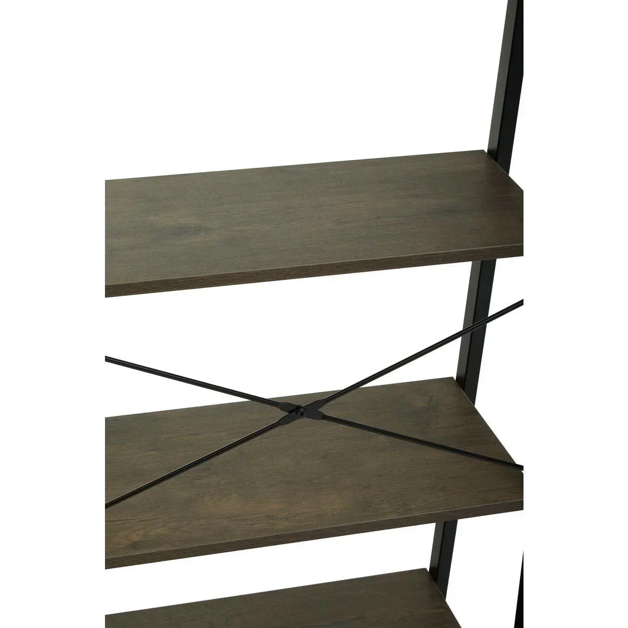Closeup of wooden shelving unit with metal frame and crossbar support