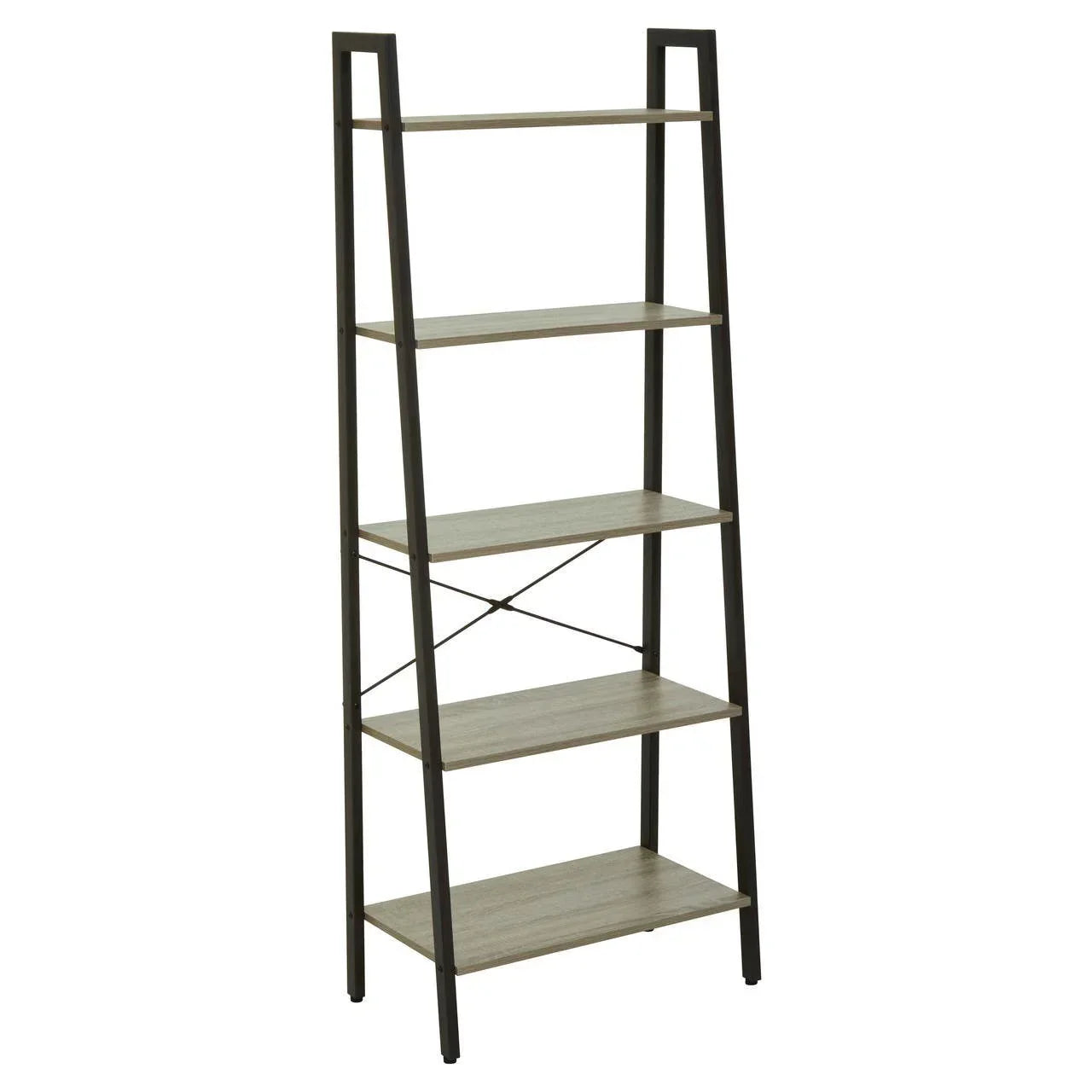wooden shelving unit with black metal frame and five shelves, ladder style, side angle view