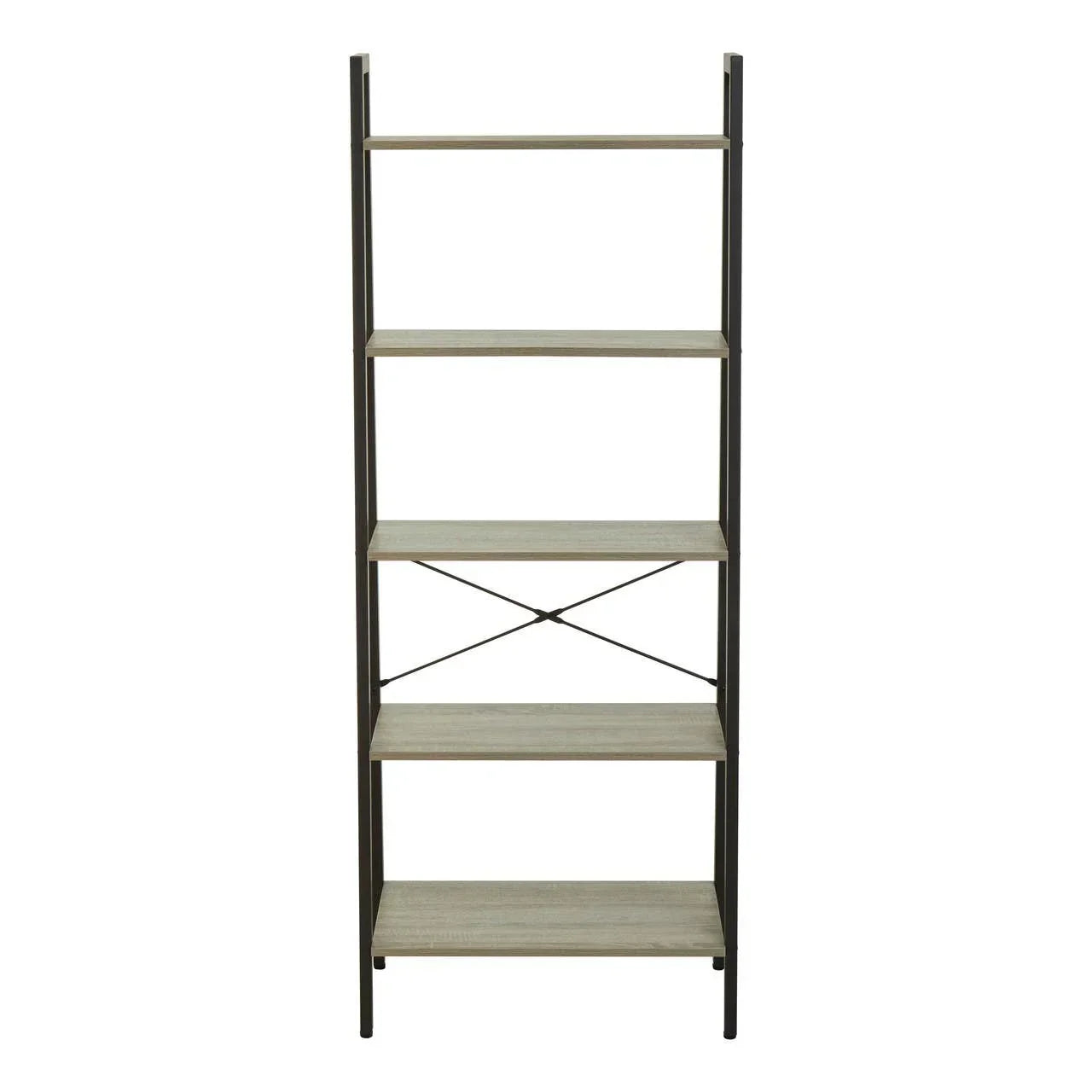 Tall bookcase with black metal frame and five light wood shelves, front view