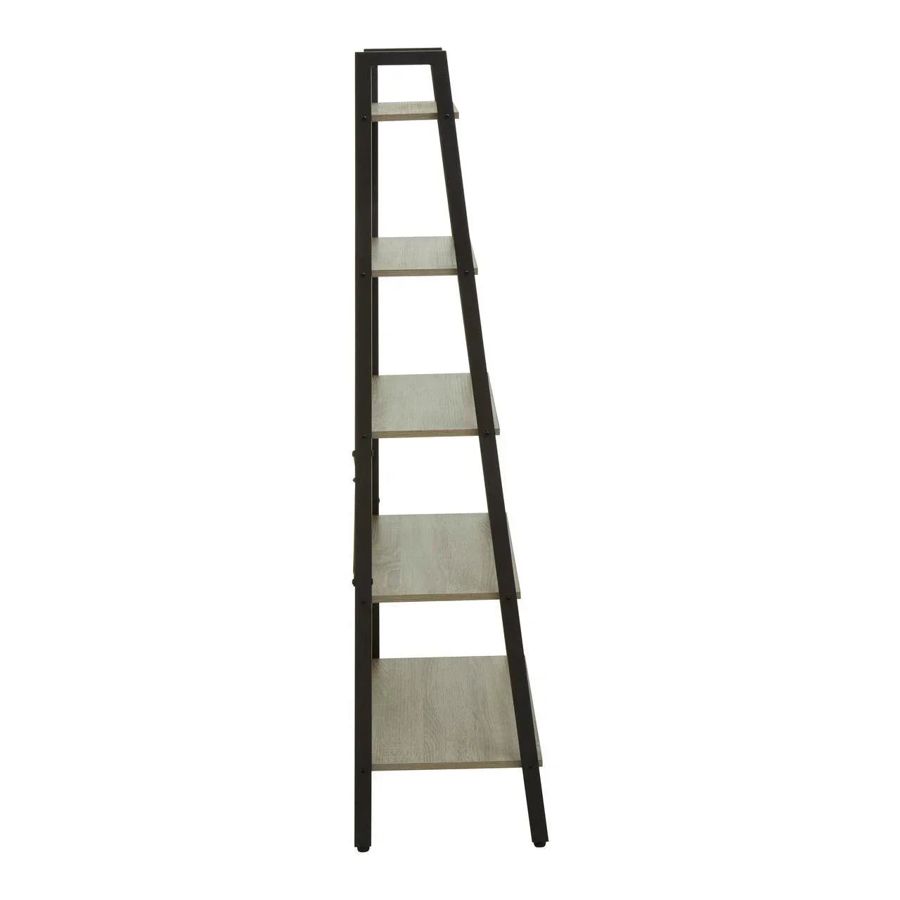 Side view of ladder bookshelf with black frame and light wood shelves