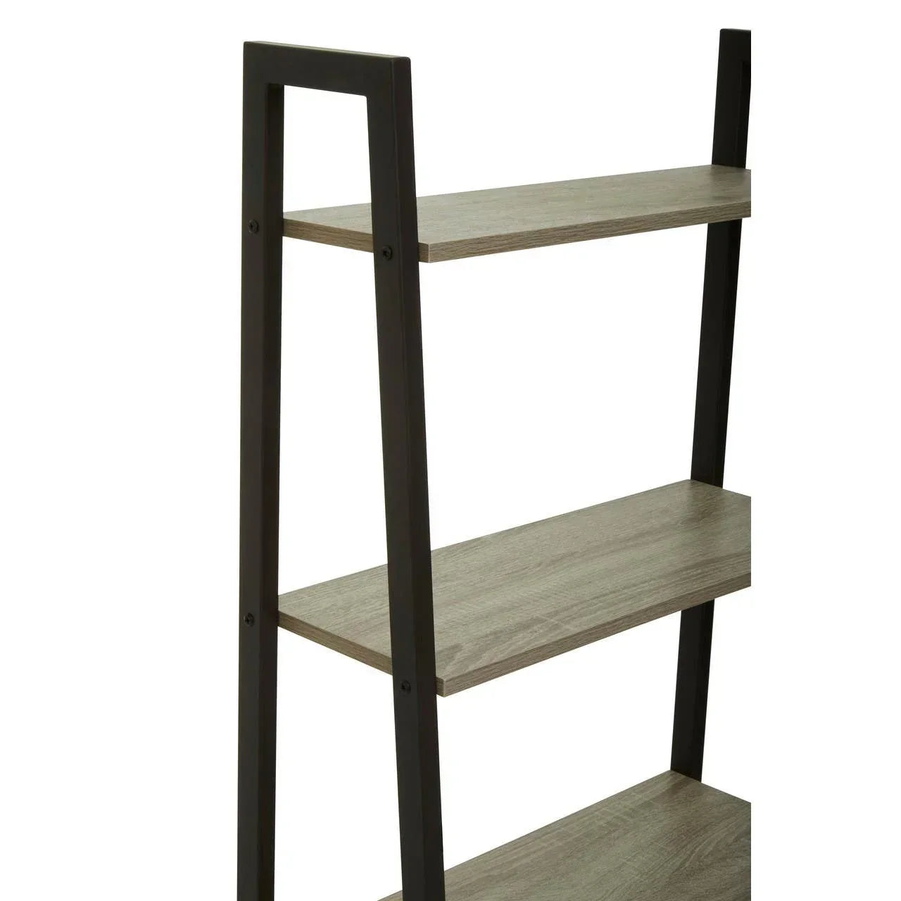 Wood and metal shelving unit with three open shelves, angled black metal frame