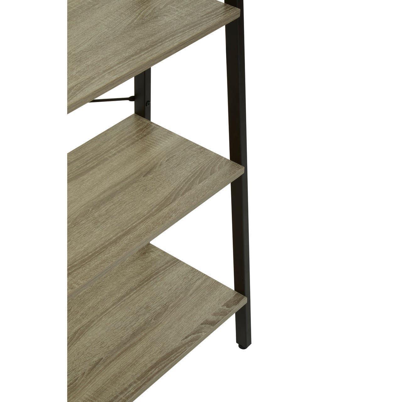 Closeup of wood effect shelving unit with black metal frame and three shelves
