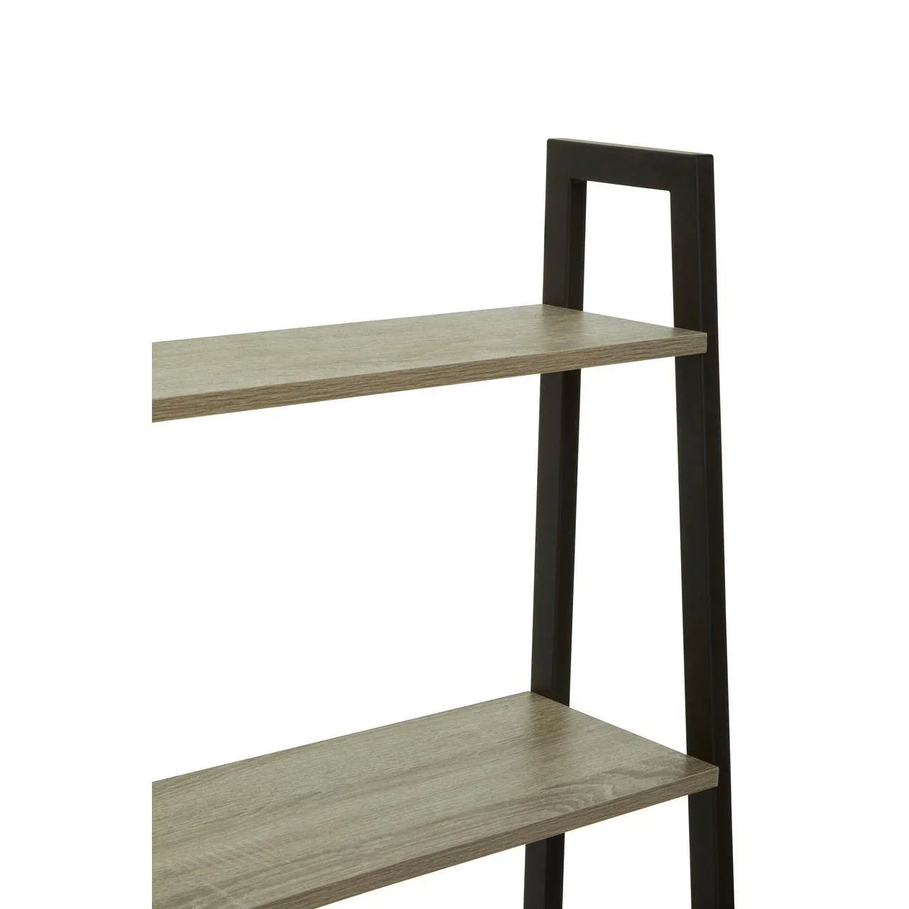Modern wooden shelving unit with black metal frame and three light oak shelves, side view