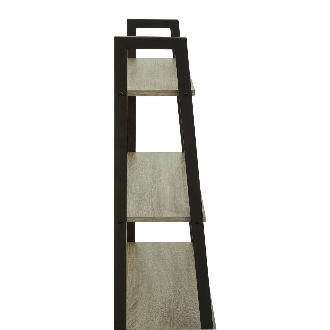 Side view of wooden shelving unit with black metal frame and three shelves