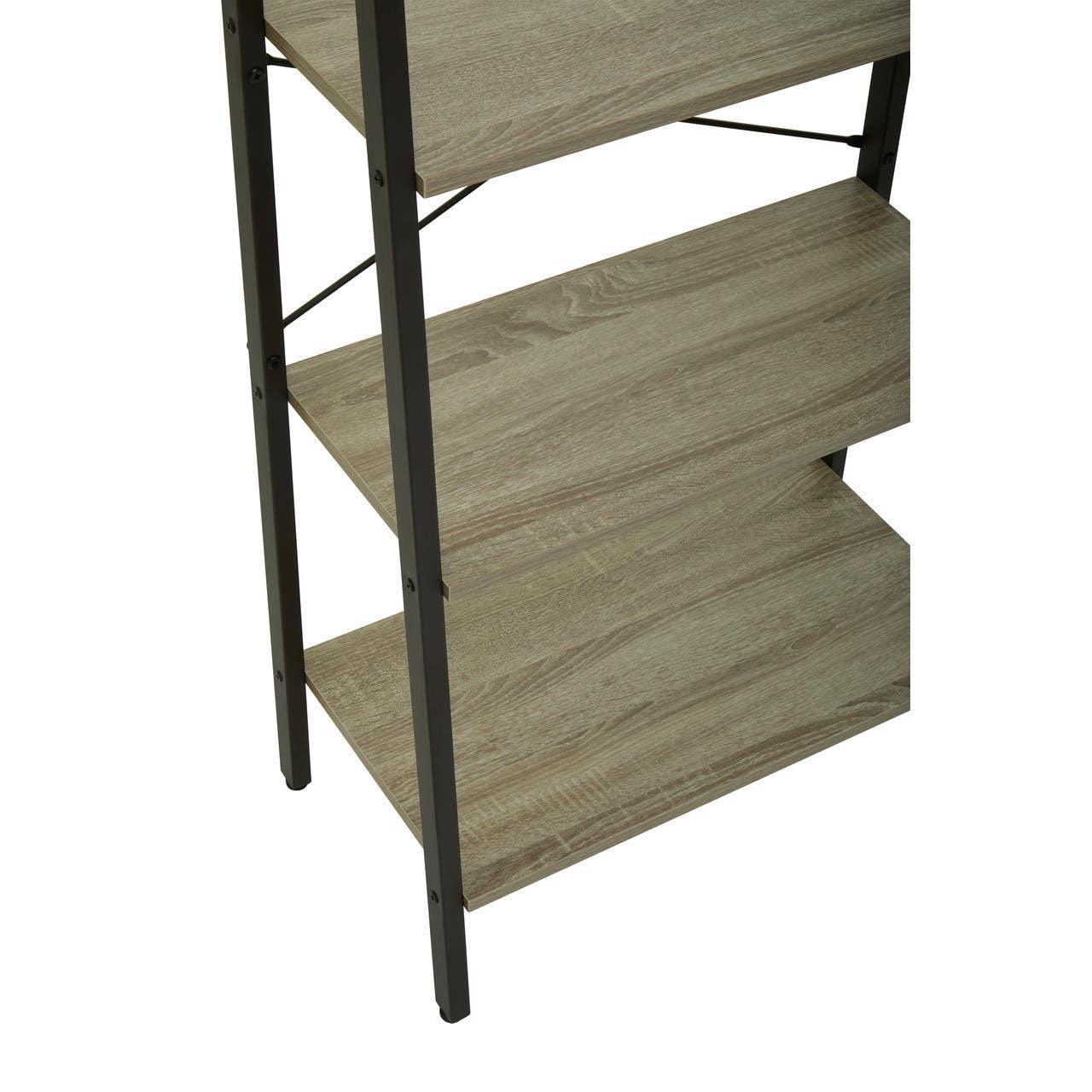 Closeup of wood effect shelving unit with black metal frame and three open shelves