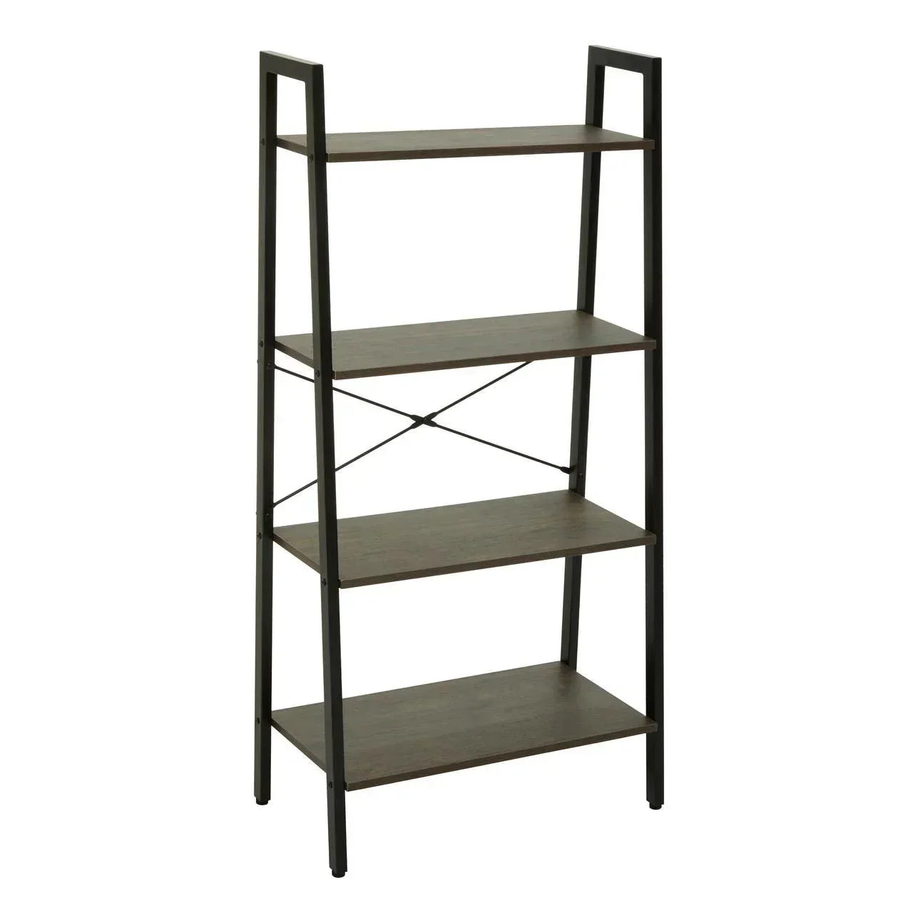 Four tier metal and wood bookcase shelving unit with open back and cross support