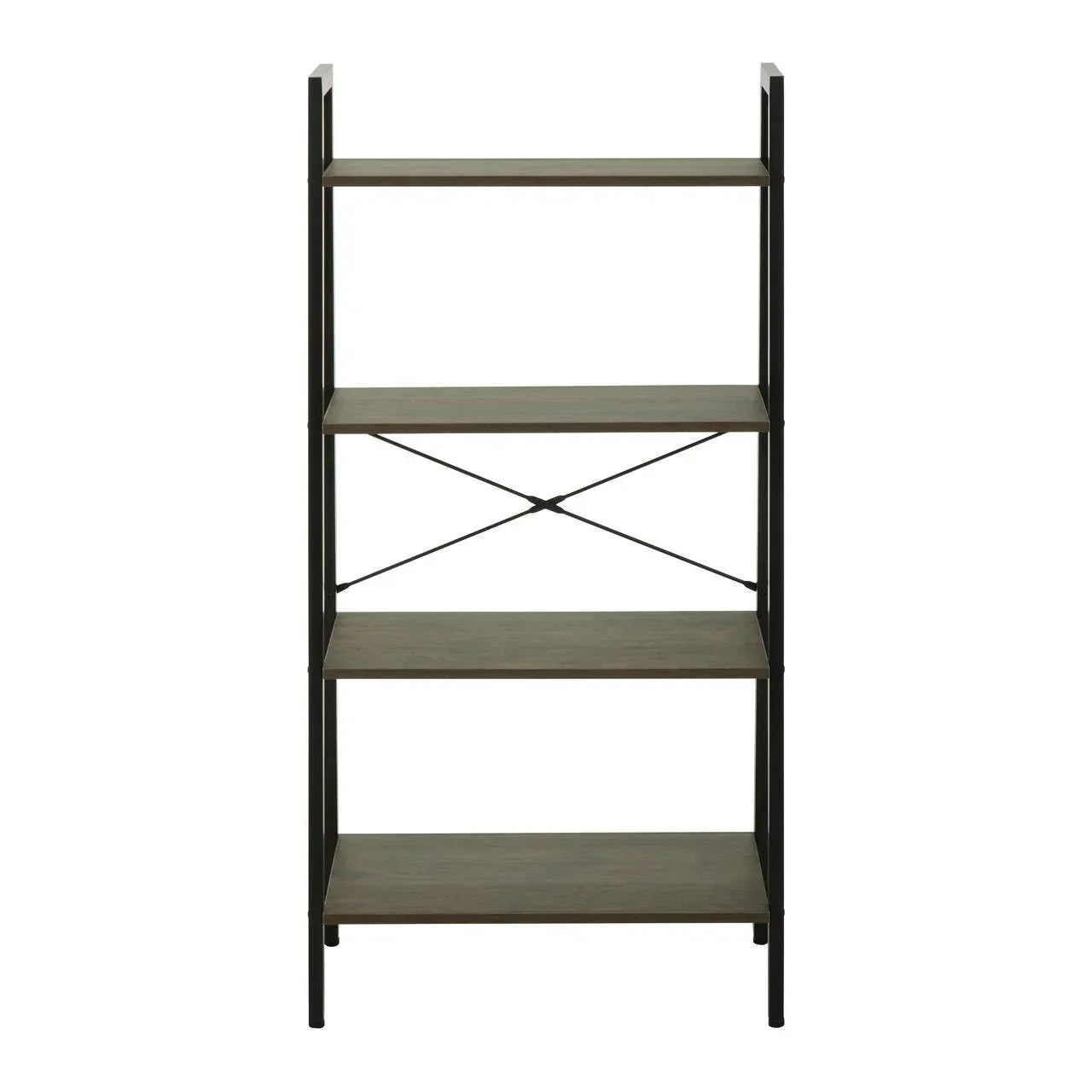 Four tier wooden shelving unit with black metal frame and open back design