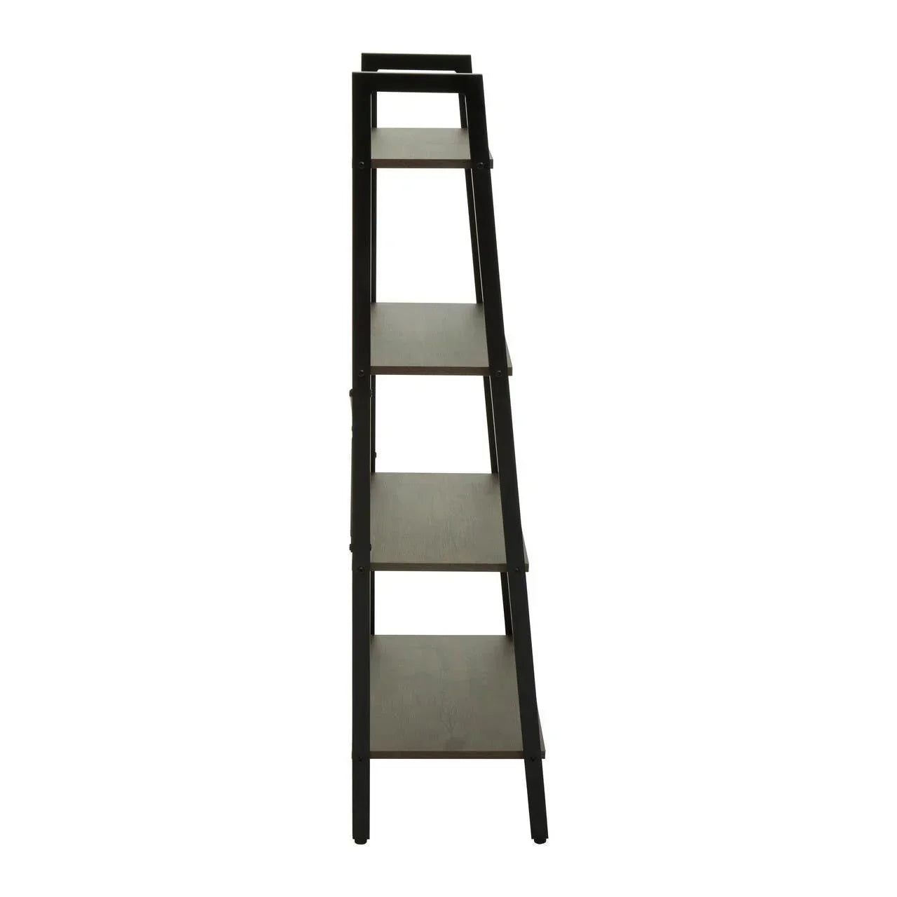 Tall ladder shelf unit with five black wooden shelves, front view