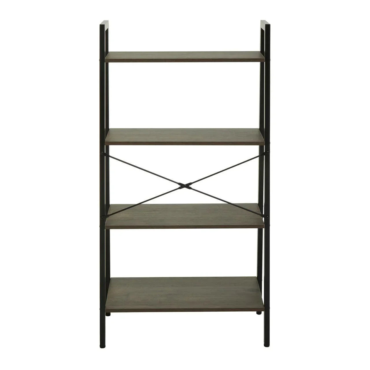 Industrial style shelving unit with black metal frame and four wooden shelves