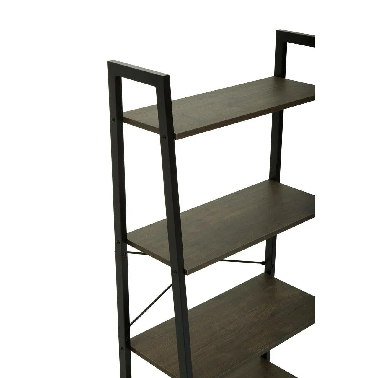 Dark wood and black metal bookshelf with four shelves, shown from side angle