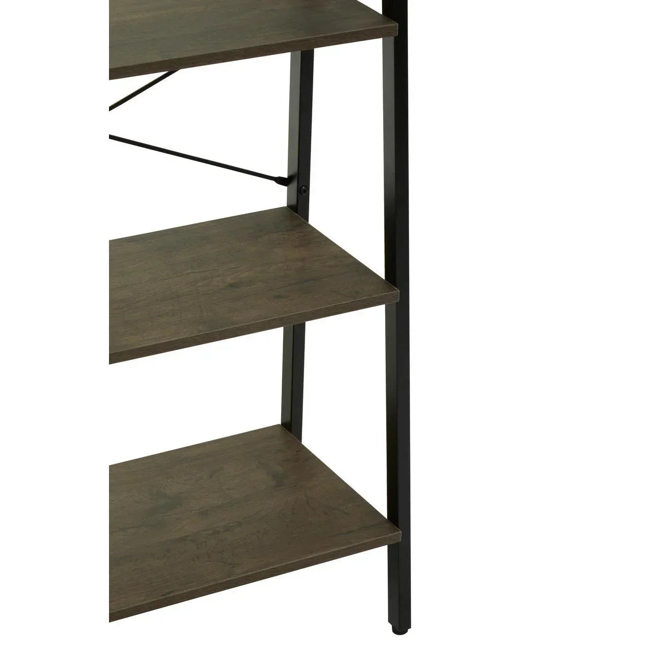 Close-up of wooden shelving unit with black metal frame and three visible shelves