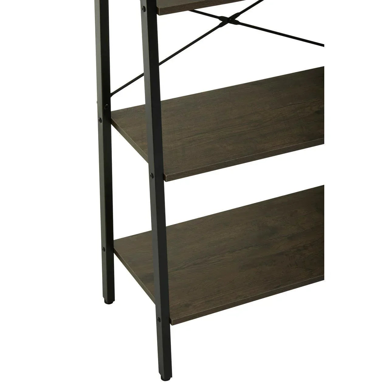 Closeup of dark wood shelving unit with black metal frame and cross supports
