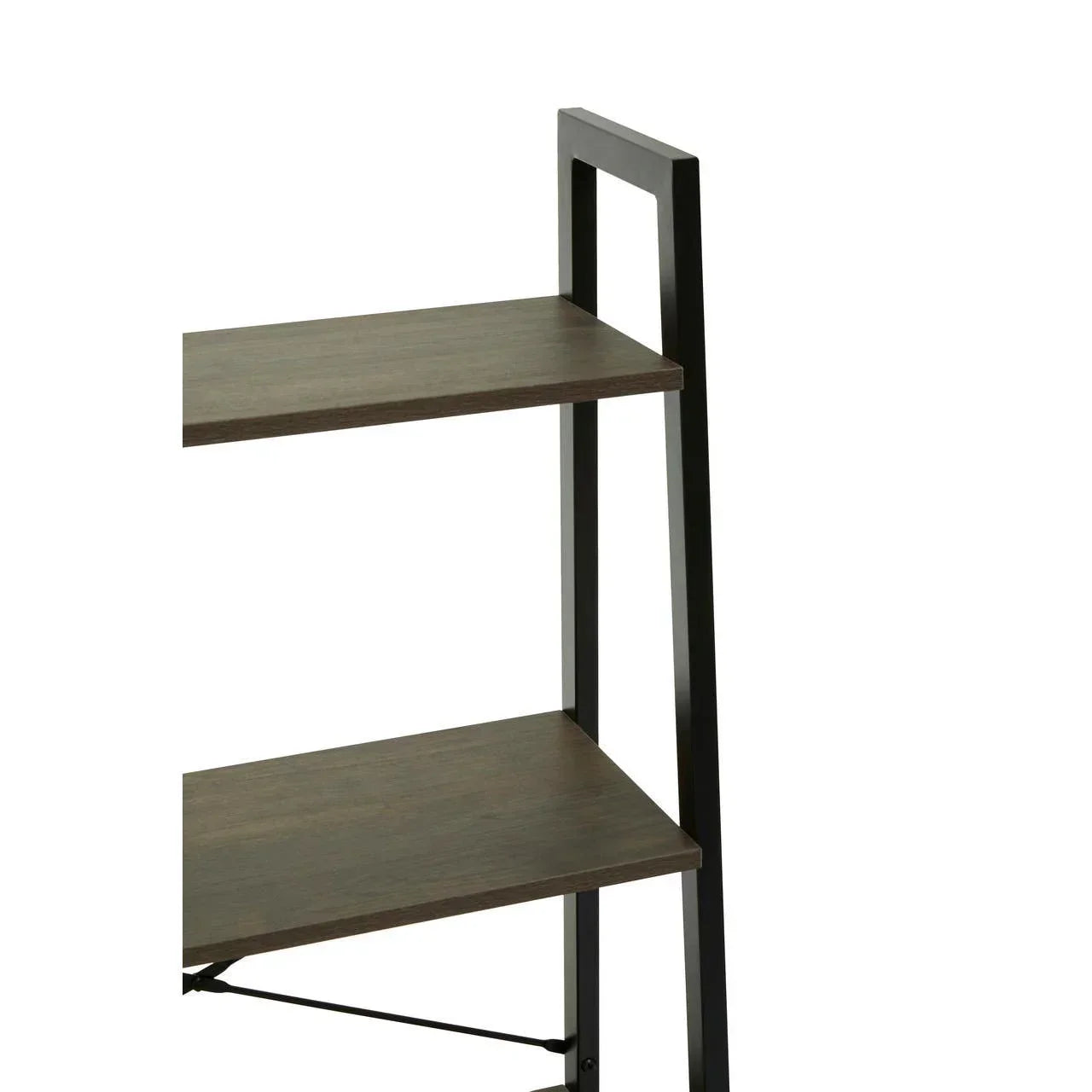 Industrial shelving unit with dark wood shelves and black metal frame, partial side view
