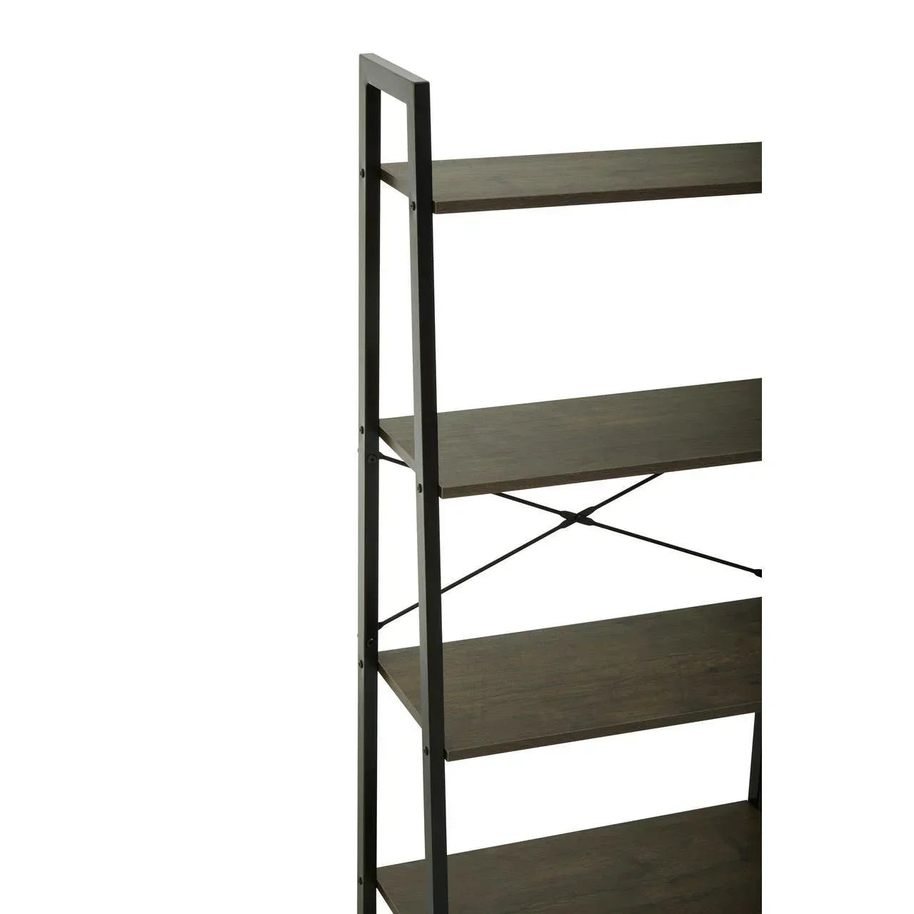 Industrial style shelving unit with black metal frame and wood shelves, side view